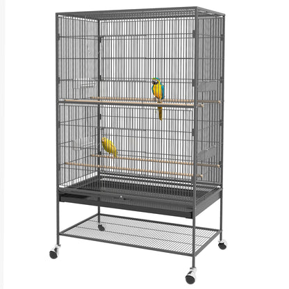 Birdcage Aviary with Perches, Birdhouse with Shelf, Bottom Tray, Doors, Wheels, for Small Birds, Steel, Gray, 94 x 57 x 153 cm