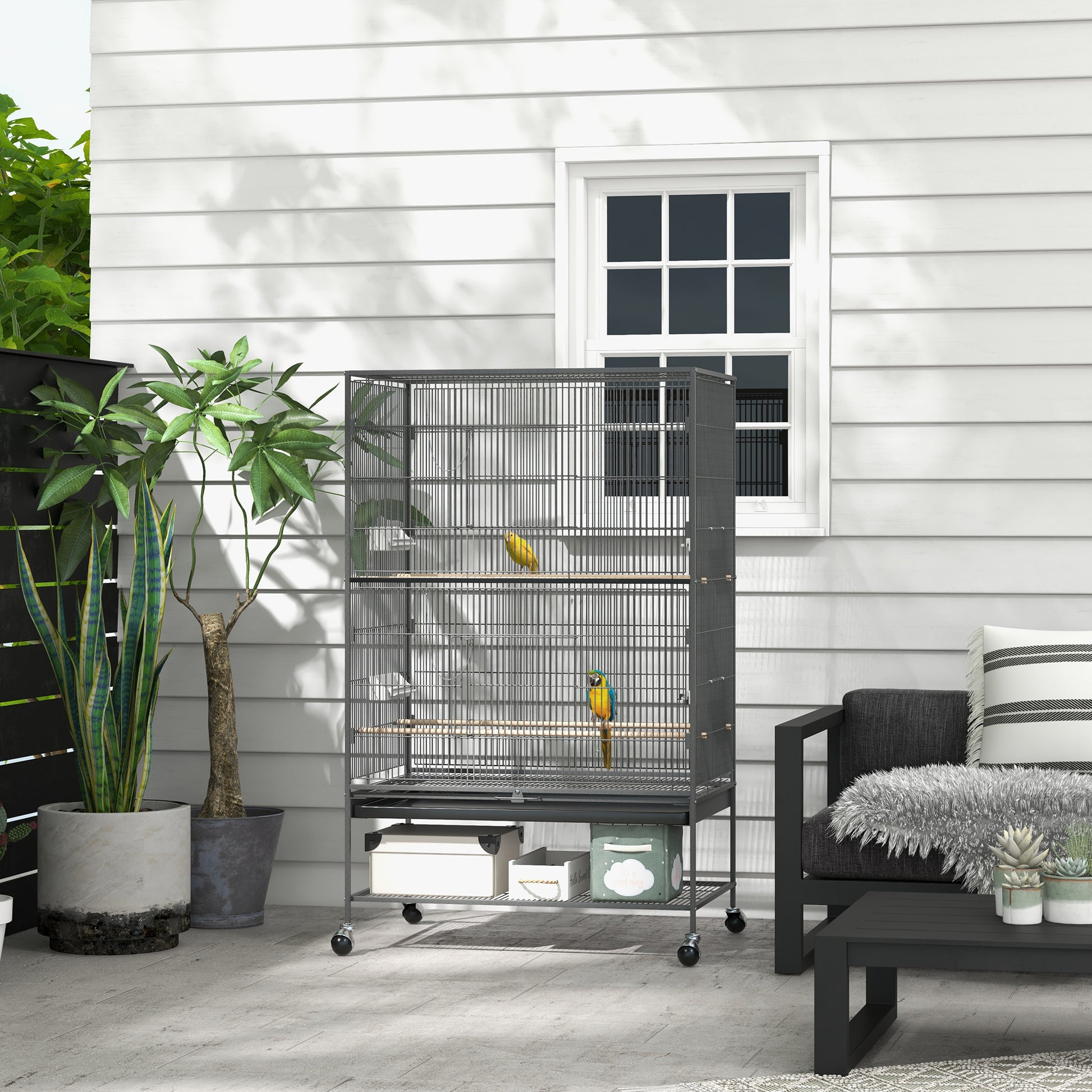 Birdcage Aviary with Perches, Birdhouse with Shelf, Bottom Tray, Doors, Wheels, for Small Birds, Steel, Gray, 94 x 57 x 153 cm