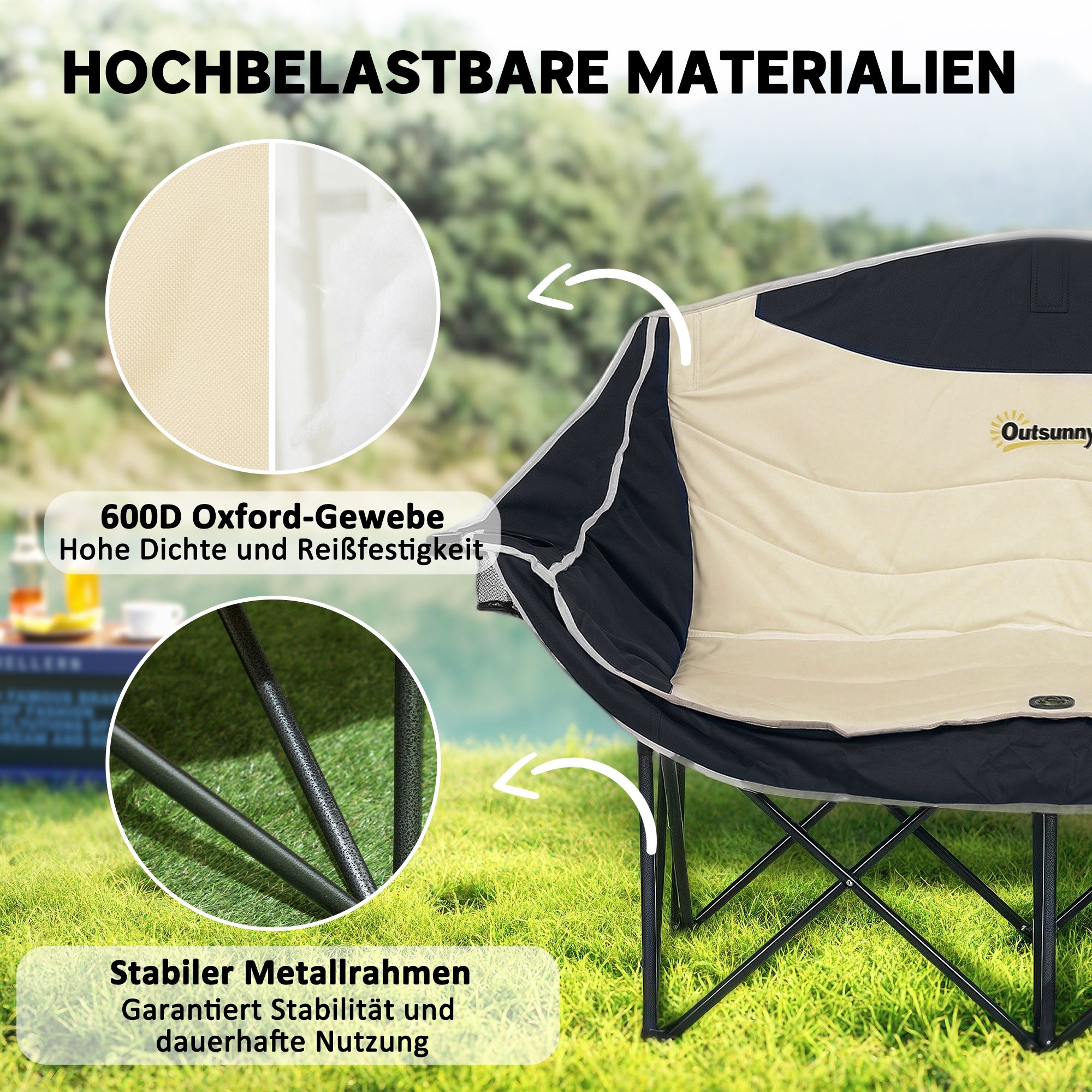 Folding Chair 2 Seater Foldable Camping Chair with Cup Holder Carry Bag Outdoor Folding Chair up to 250kg Load Capacity Sturdy Lightweight Padded Fishing Chair Garden Chair for Garden Camping Beach