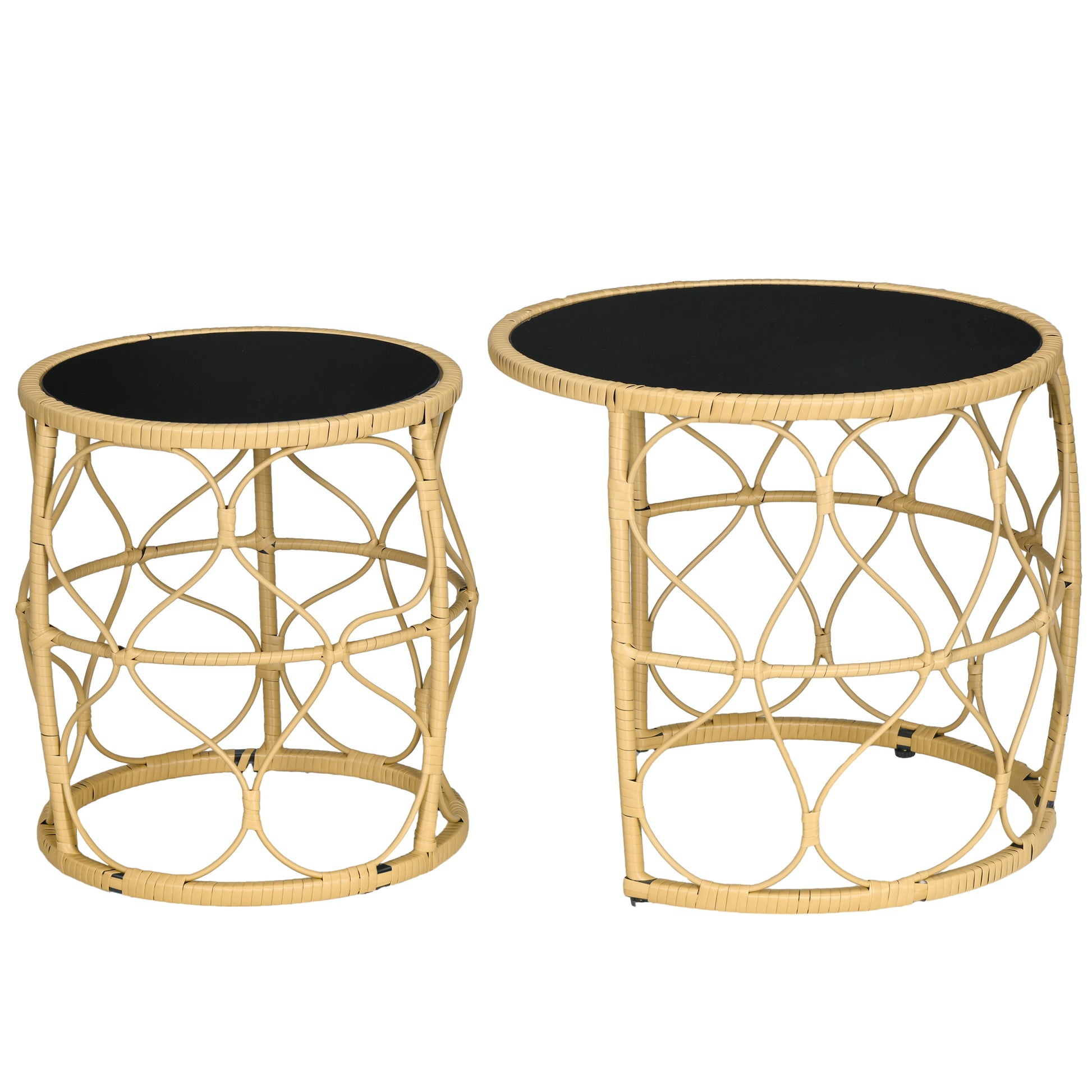 Rattan Side Table 2-Piece Set, Coffee Table with Glass Top, Stackable End Table, Boho Style, Handwoven Coffee Table for Garden, Balcony, Steel, Khaki