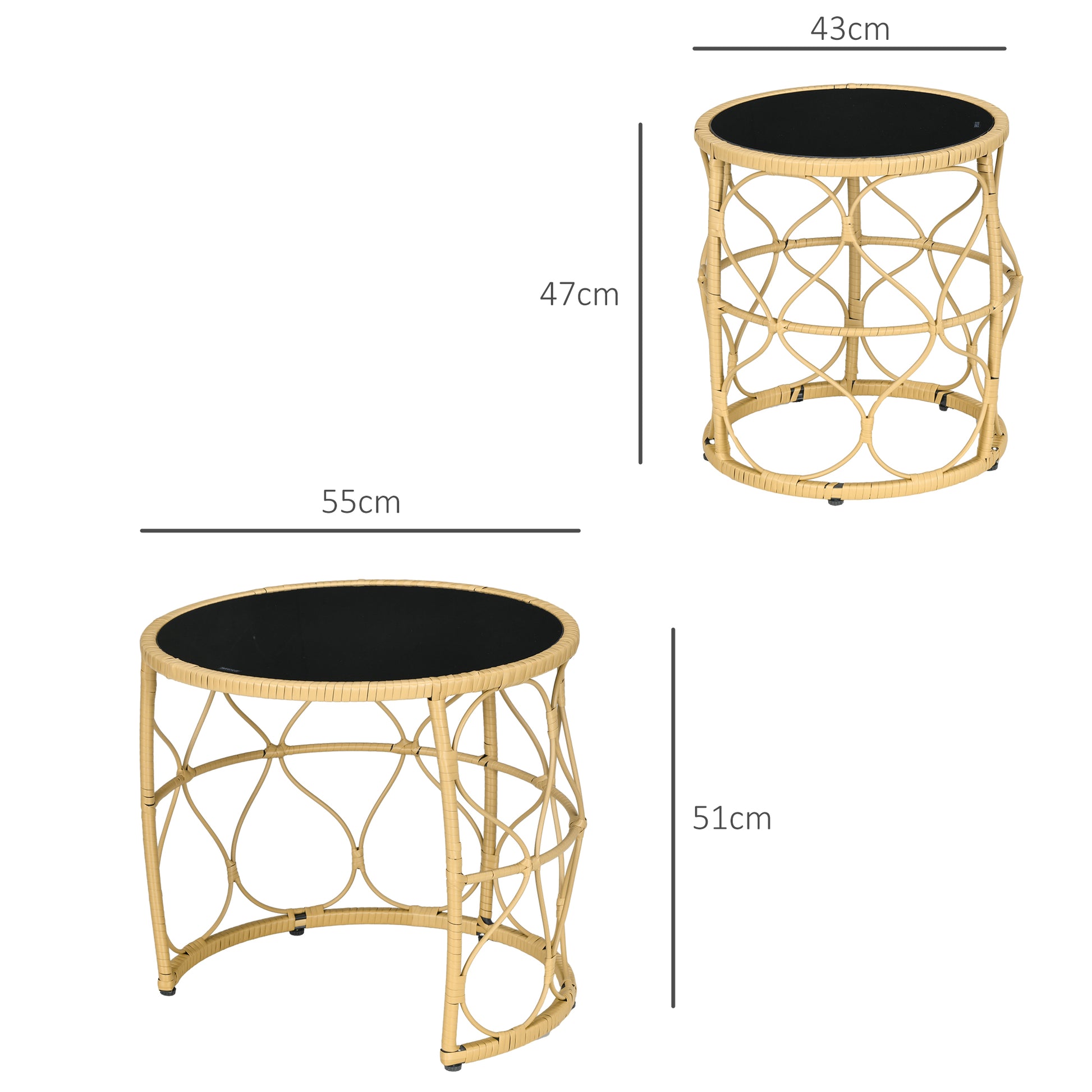 Rattan Side Table 2-Piece Set, Coffee Table with Glass Top, Stackable End Table, Boho Style, Handwoven Coffee Table for Garden, Balcony, Steel, Khaki