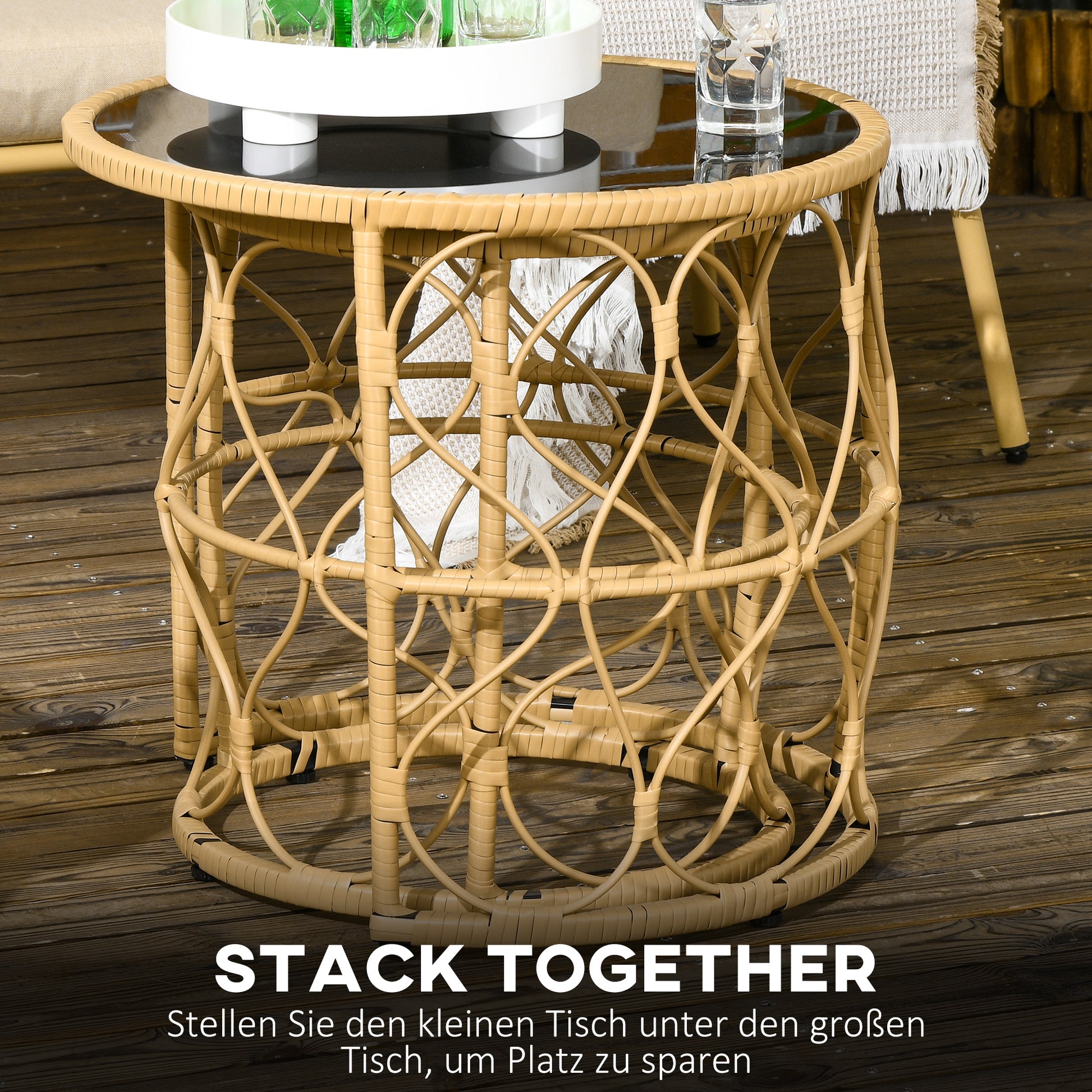 Rattan Side Table 2-Piece Set, Coffee Table with Glass Top, Stackable End Table, Boho Style, Handwoven Coffee Table for Garden, Balcony, Steel, Khaki