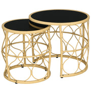 Rattan Side Table 2-Piece Set, Coffee Table with Glass Top, Stackable End Table, Boho Style, Handwoven Coffee Table for Garden, Balcony, Steel, Khaki