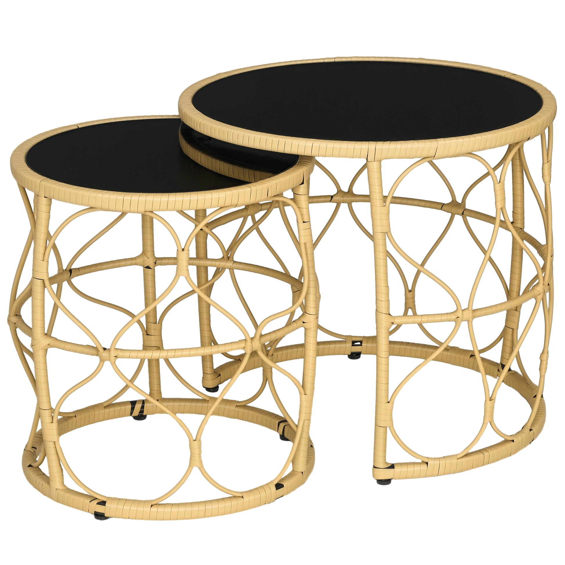 Rattan Side Table 2-Piece Set, Coffee Table with Glass Top, Stackable End Table, Boho Style, Handwoven Coffee Table for Garden, Balcony, Steel, Khaki