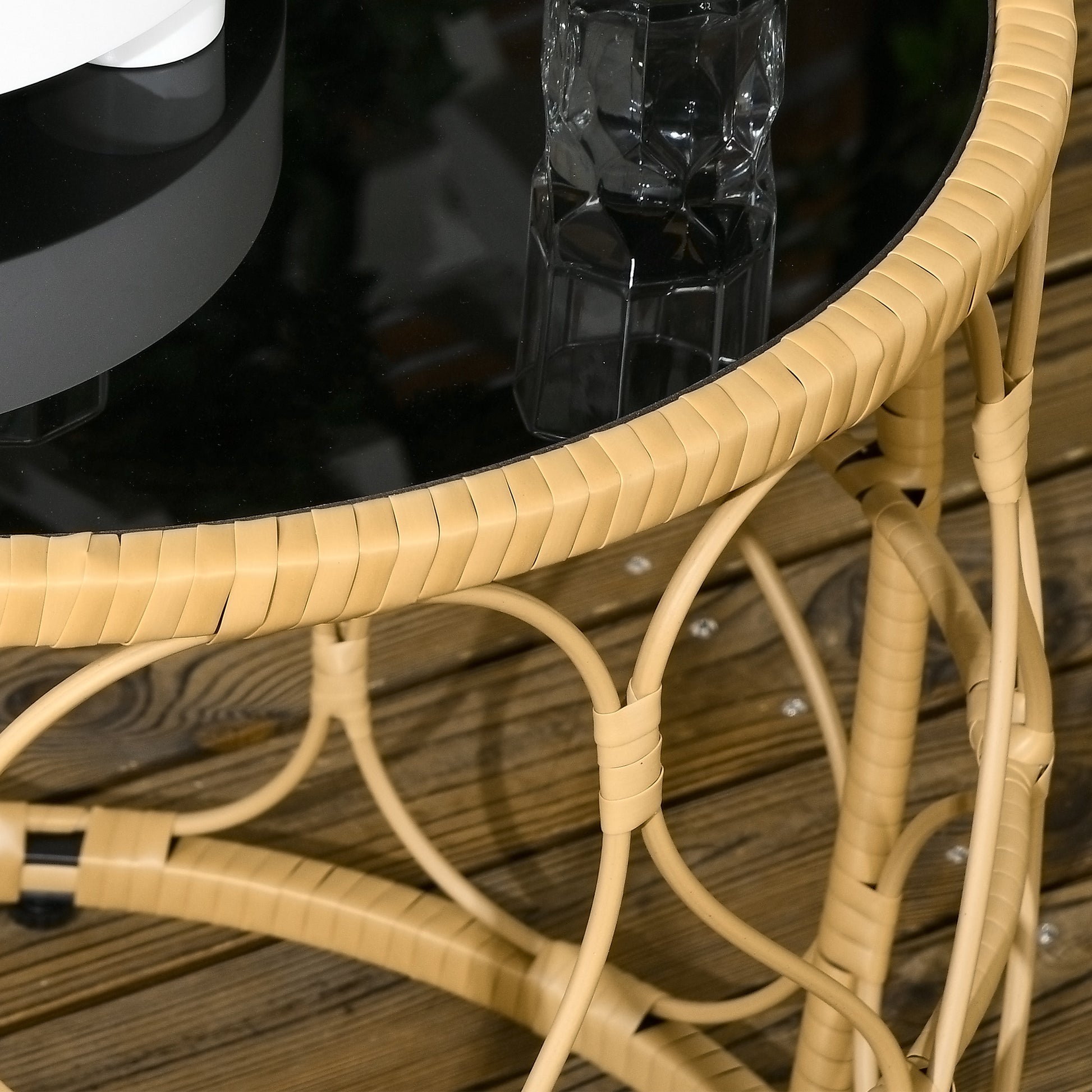 Rattan Side Table 2-Piece Set, Coffee Table with Glass Top, Stackable End Table, Boho Style, Handwoven Coffee Table for Garden, Balcony, Steel, Khaki