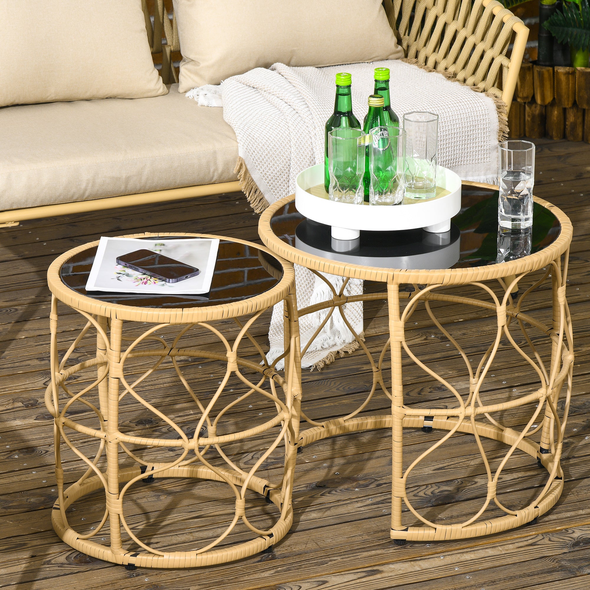 Rattan Side Table 2-Piece Set, Coffee Table with Glass Top, Stackable End Table, Boho Style, Handwoven Coffee Table for Garden, Balcony, Steel, Khaki