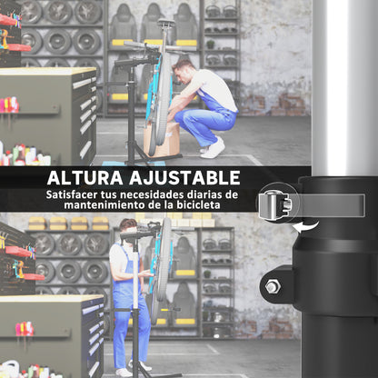 Bike Repair Stand Bicycle Workstand with Magnetic Tool Tray Adjustable Height 107-160 cm 360° Swivel Load 40 kg Black