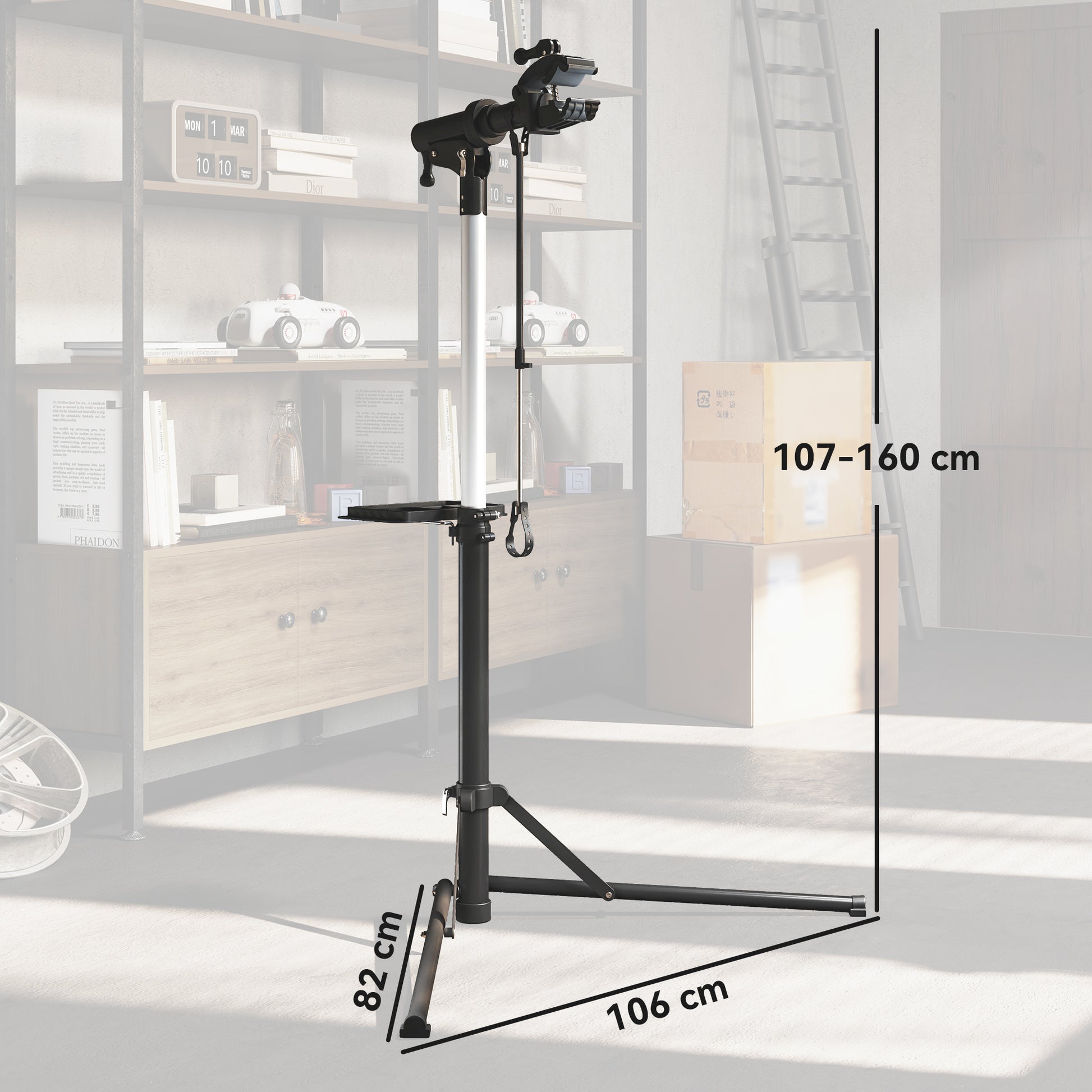 Bike Repair Stand Bicycle Workstand with Magnetic Tool Tray Adjustable Height 107-160 cm 360° Swivel Load 40 kg Black