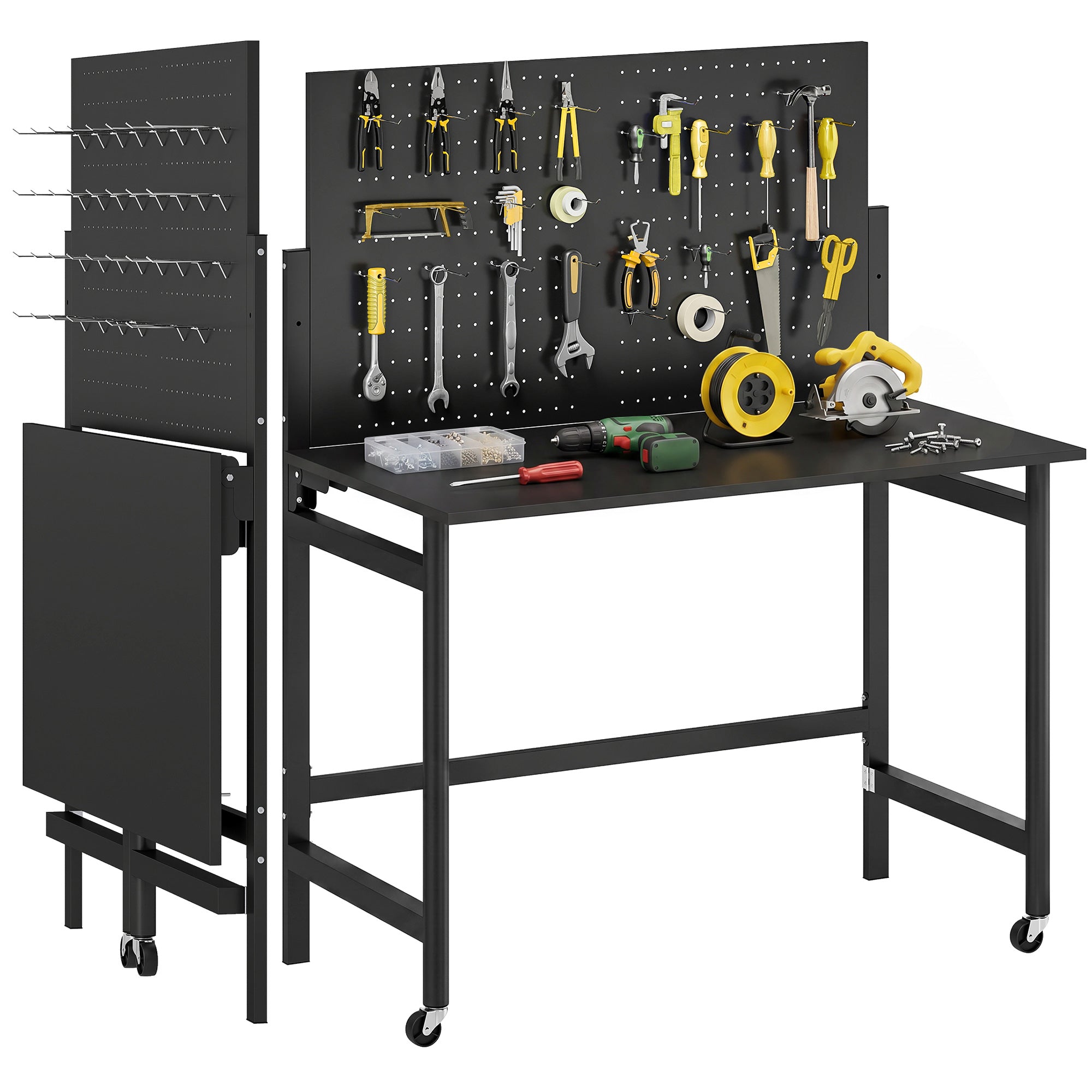 Folding Workshop Workbench on Casters, 45.3 x 24.4 x 56.5 in, Worktop with Pegboard & 12 Hooks, Thick MDF Top, Steel Frame, 265 lb Capacity, Black