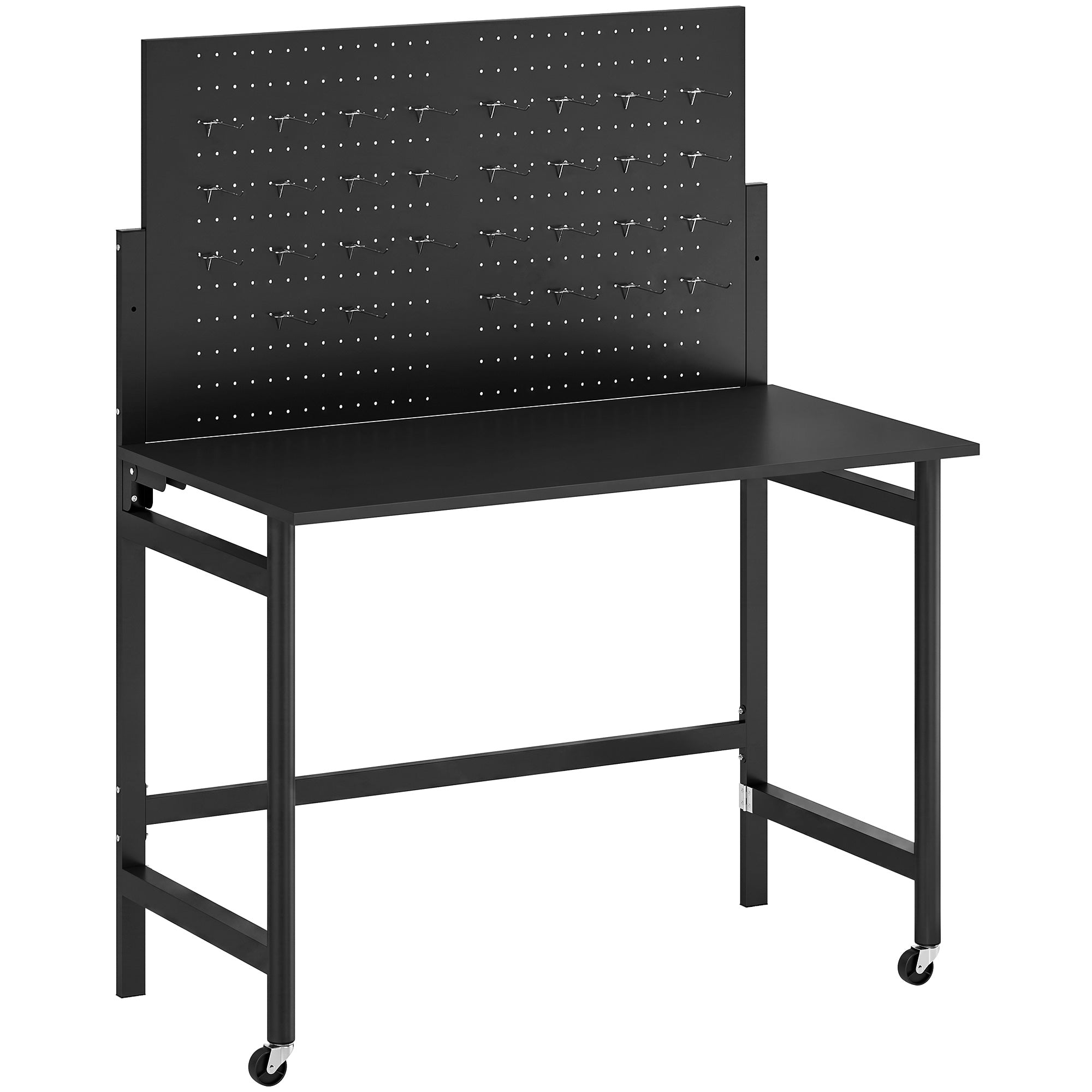 Folding Workshop Workbench on Casters, 45.3 x 24.4 x 56.5 in, Worktop with Pegboard & 12 Hooks, Thick MDF Top, Steel Frame, 265 lb Capacity, Black