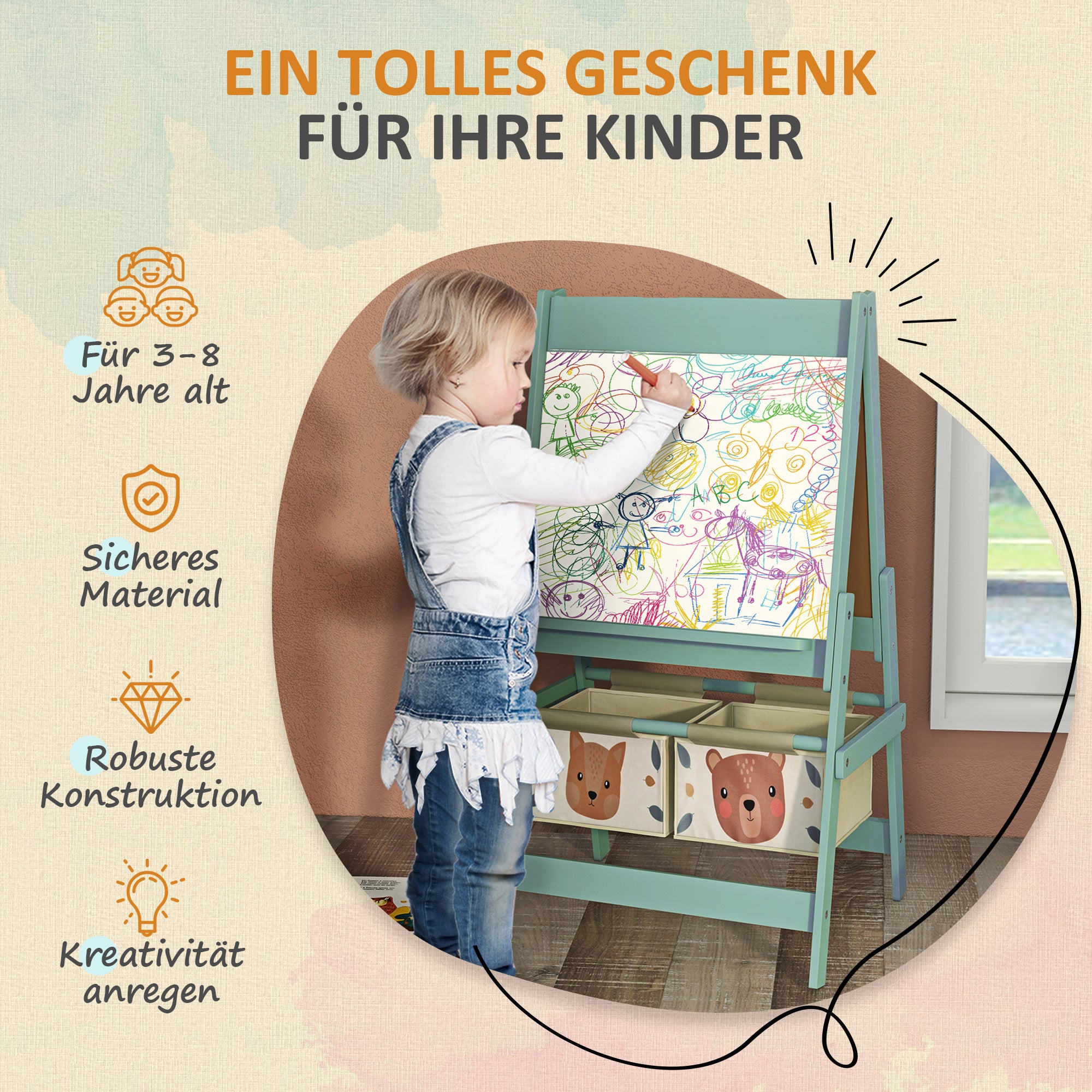 Children's Chalkboard, 3 in 1 Kids Easel, Double-sided Kids Play Table, Whiteboard & Chalkboard, Stand with Paper Roll, 2 Storage Boxes, Other Accessories