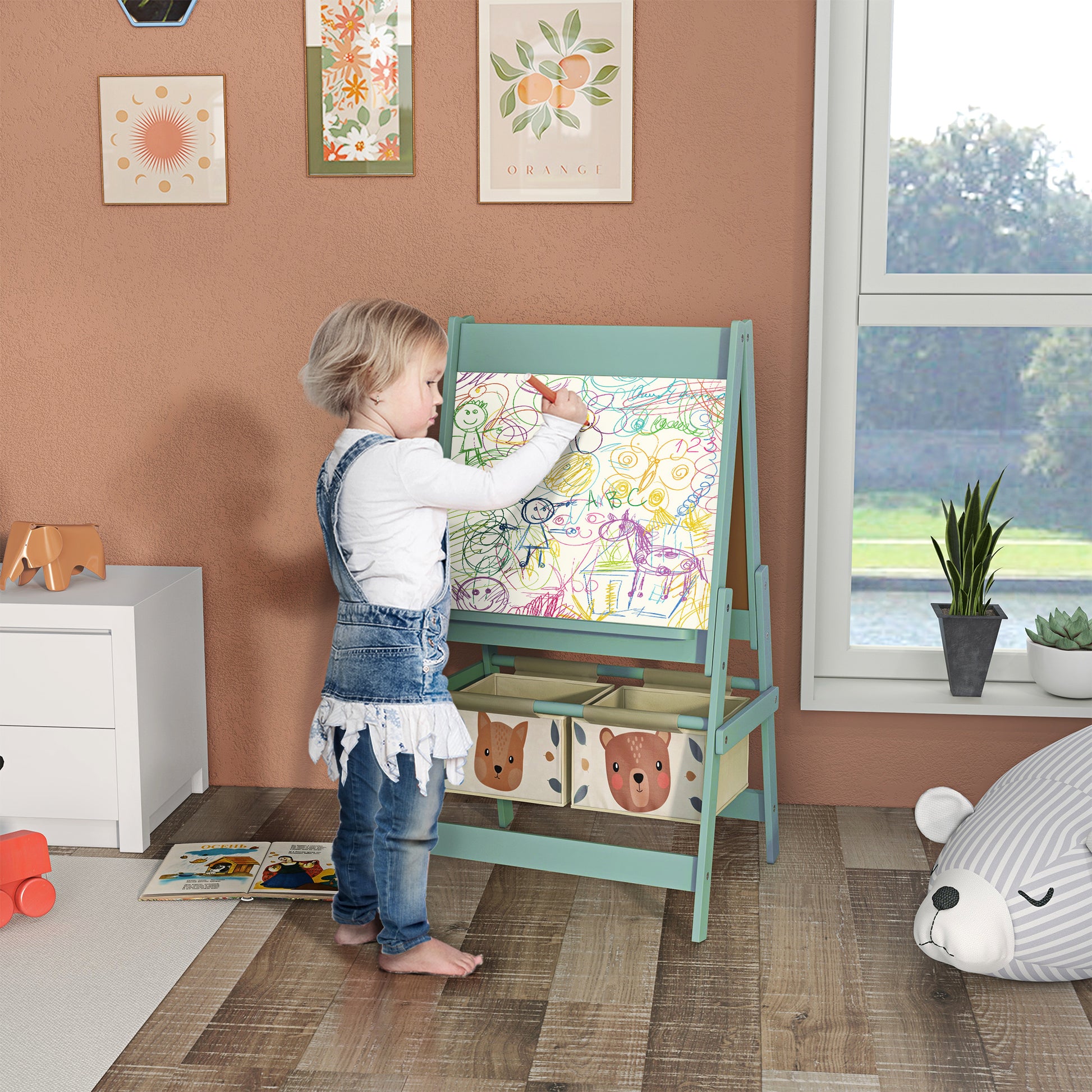 Children's Chalkboard, 3 in 1 Kids Easel, Double-sided Kids Play Table, Whiteboard & Chalkboard, Stand with Paper Roll, 2 Storage Boxes, Other Accessories