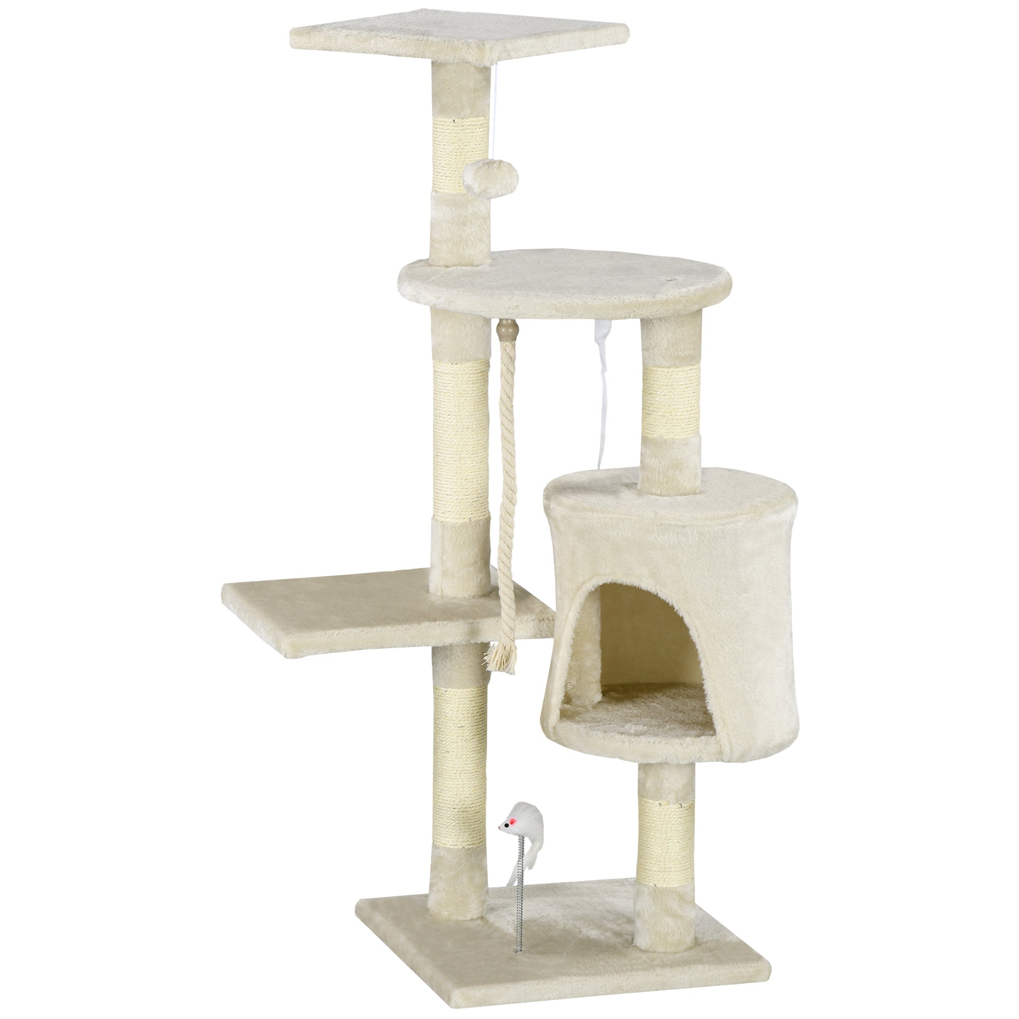 Cat Scratching Post Height 116 cm Cat Tree Climbing Tower with Sisal Scratching Posts Cozy Cave Platforms and Fun Hanging Toys Beige