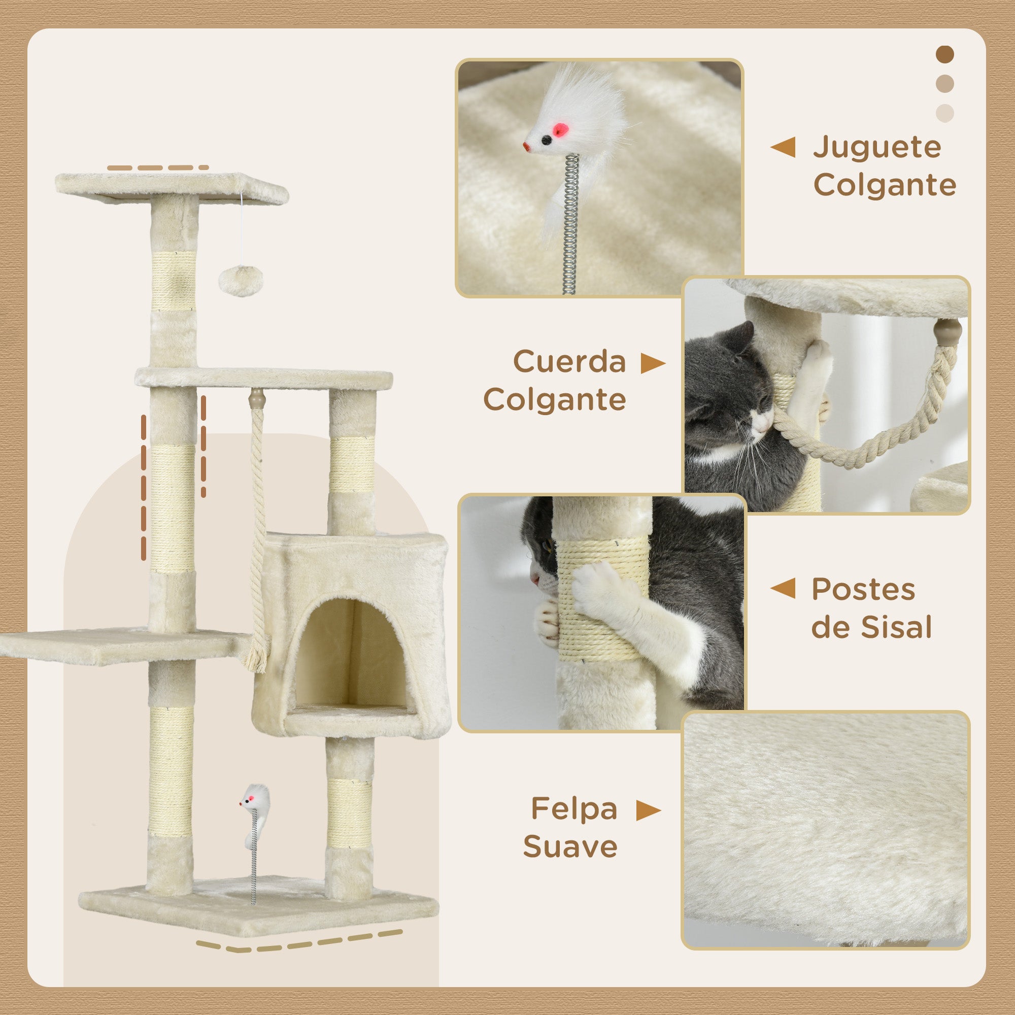 Cat Scratching Post Height 116 cm Cat Tree Climbing Tower with Sisal Scratching Posts Cozy Cave Platforms and Fun Hanging Toys Beige