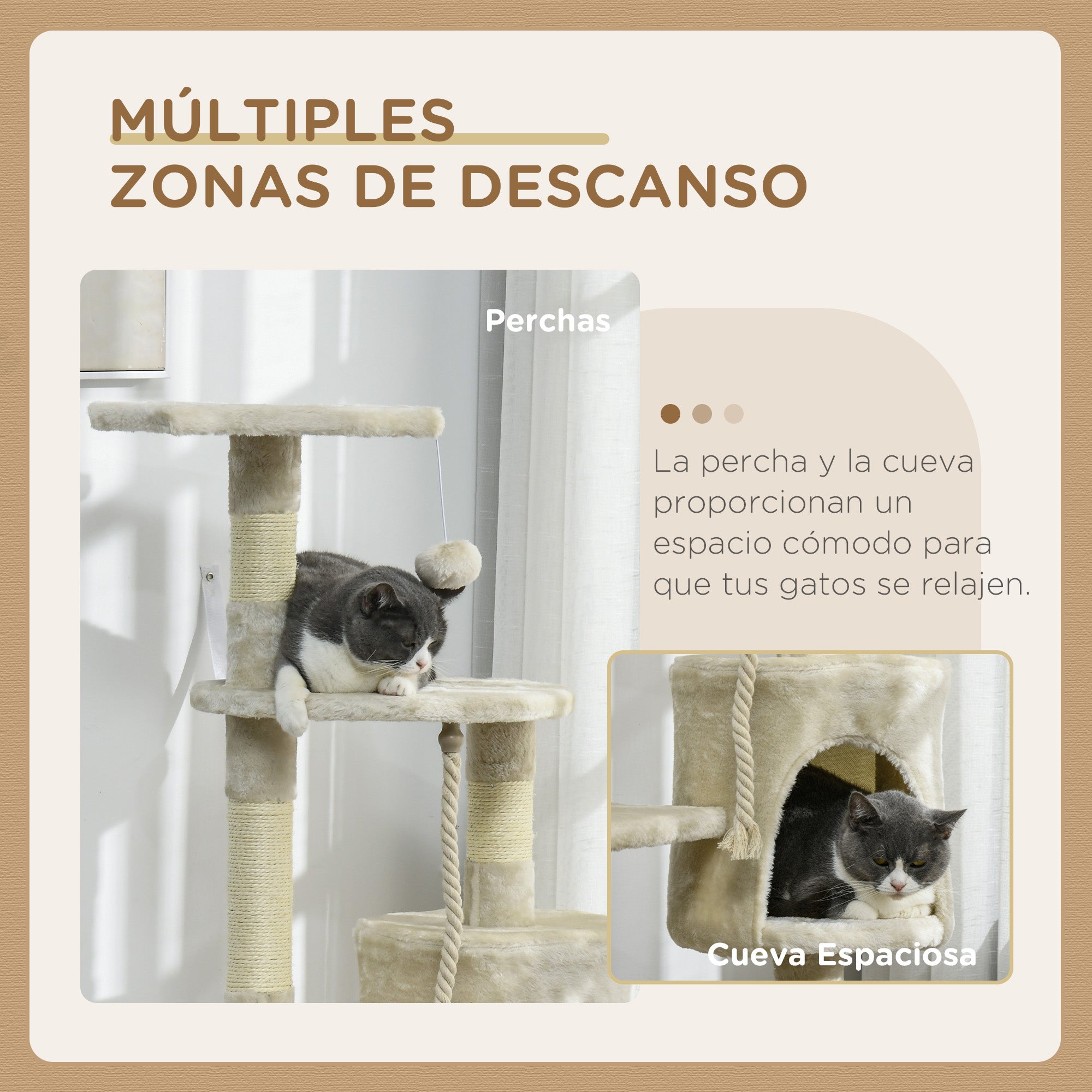 Cat Scratching Post Height 116 cm Cat Tree Climbing Tower with Sisal Scratching Posts Cozy Cave Platforms and Fun Hanging Toys Beige