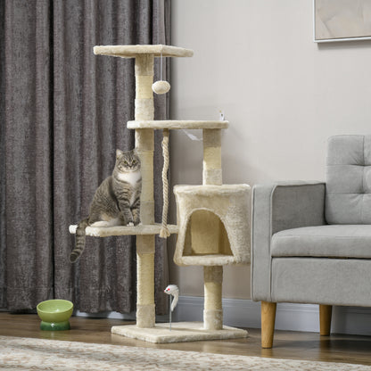 Cat Scratching Post Height 116 cm Cat Tree Climbing Tower with Sisal Scratching Posts Cozy Cave Platforms and Fun Hanging Toys Beige
