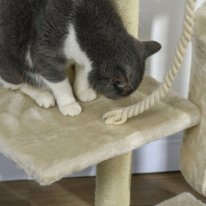 Cat Scratching Post Height 116 cm Cat Tree Climbing Tower with Sisal Scratching Posts Cozy Cave Platforms and Fun Hanging Toys Beige
