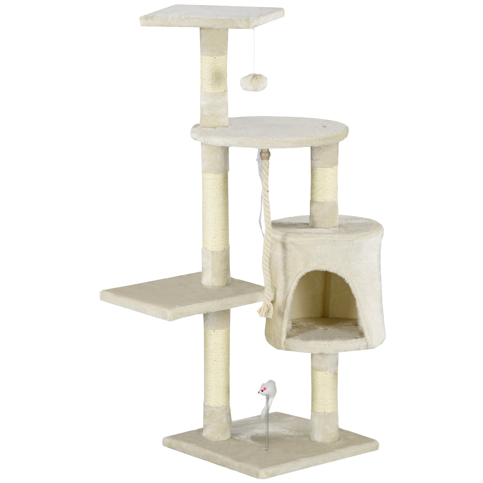 Cat Scratching Post Height 116 cm Cat Tree Climbing Tower with Sisal Scratching Posts Cozy Cave Platforms and Fun Hanging Toys Beige