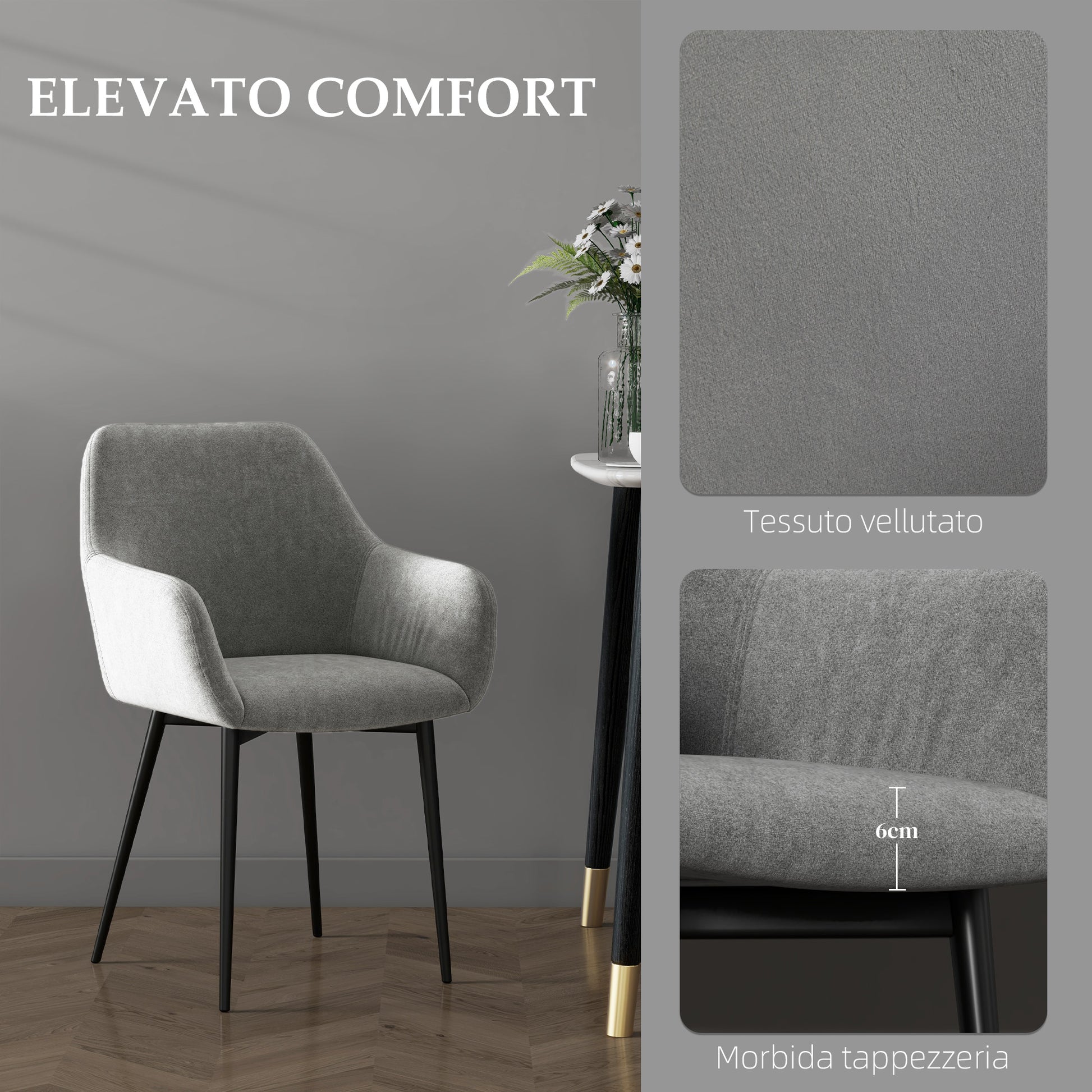 Set of 2 Upholstered Nordic Style Dining Chairs, Kitchen Chairs in Fabric, Armchair with Armrests and Steel Legs for Living Room, 54x57x80 cm, Dark Grey