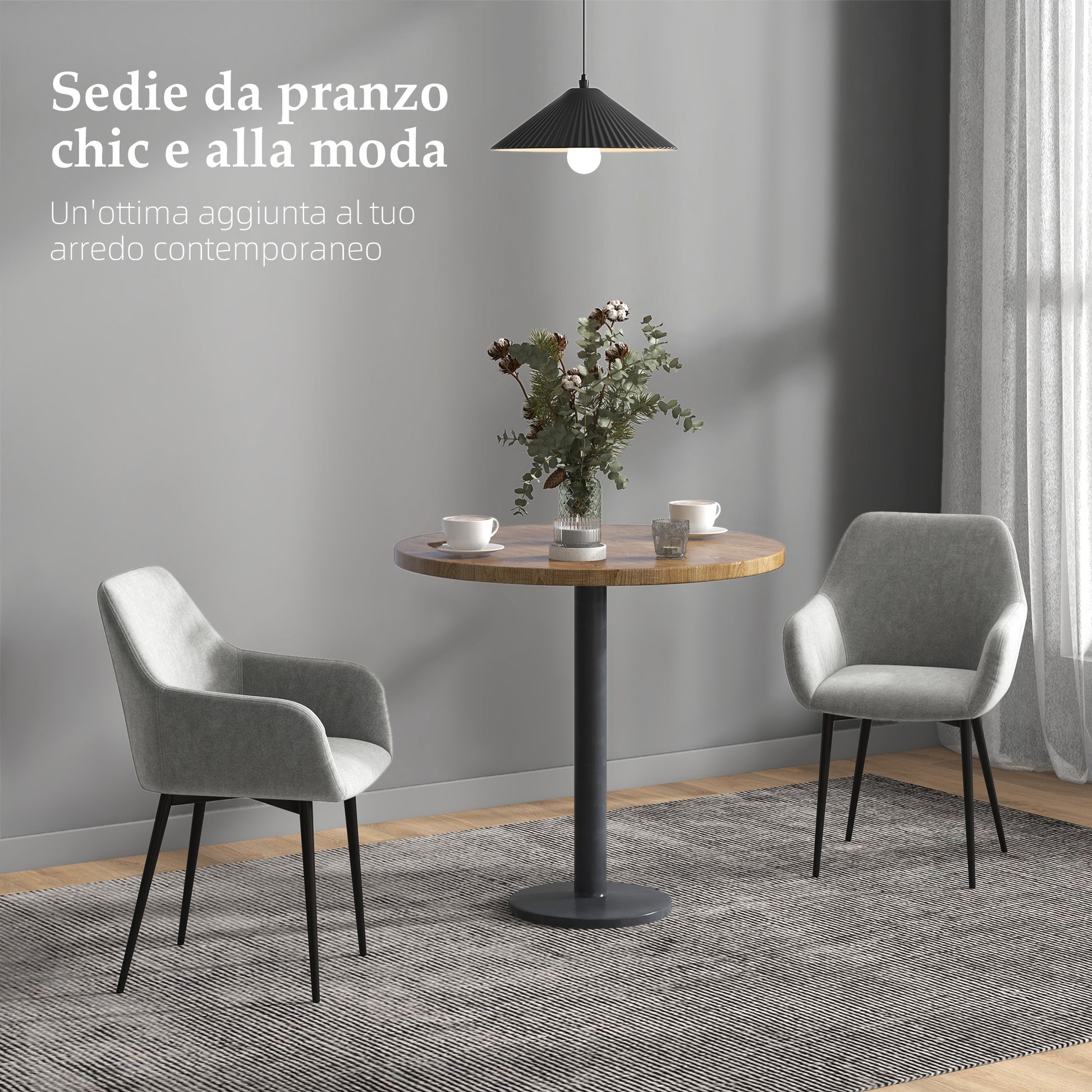 Set of 2 Upholstered Nordic Style Dining Chairs, Kitchen Chairs in Fabric, Armchair with Armrests and Steel Legs for Living Room, 54x57x80 cm, Dark Grey