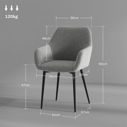 Set of 2 Upholstered Nordic Style Dining Chairs, Kitchen Chairs in Fabric, Armchair with Armrests and Steel Legs for Living Room, 54x57x80 cm, Dark Grey