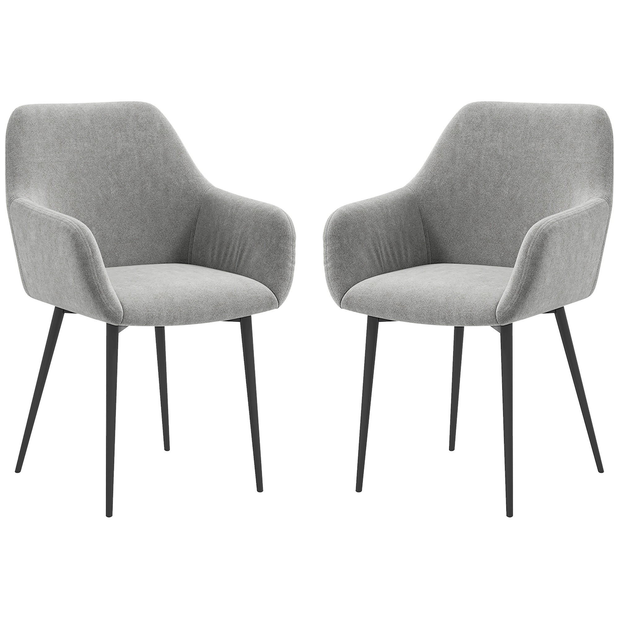 Set of 2 Upholstered Nordic Style Dining Chairs, Kitchen Chairs in Fabric, Armchair with Armrests and Steel Legs for Living Room, 54x57x80 cm, Dark Grey