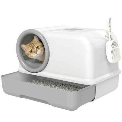 Covered Cat Litter Box with Hood & Scoop, Pull-Out Tray, 2 Activated Carbon Filters — White/Gray, for Cats up to 11 lb, 23.2 x 15.6 x 15.6 in