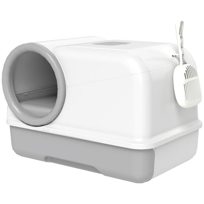 Covered Cat Litter Box with Hood & Scoop, Pull-Out Tray, 2 Activated Carbon Filters — White/Gray, for Cats up to 11 lb, 23.2 x 15.6 x 15.6 in