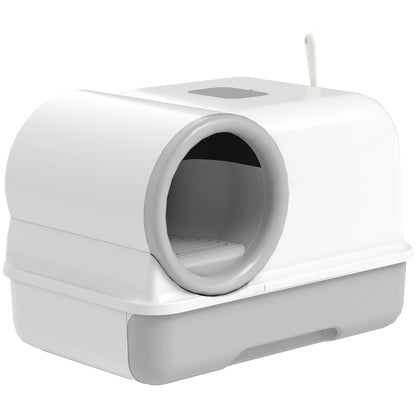Covered Cat Litter Box with Hood & Scoop, Pull-Out Tray, 2 Activated Carbon Filters — White/Gray, for Cats up to 11 lb, 23.2 x 15.6 x 15.6 in
