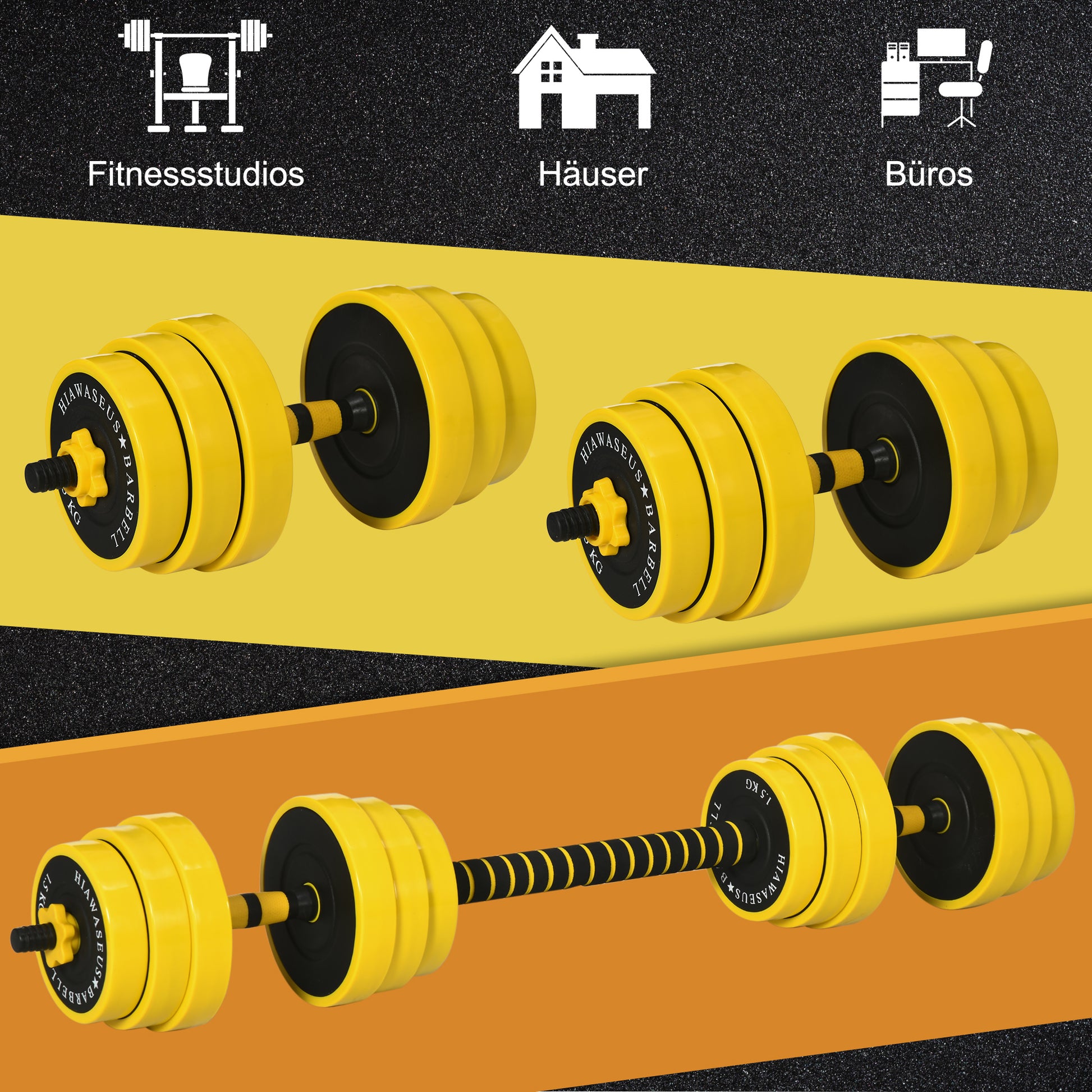 55 lbs Dumbbell & Barbell, Adjustable ergonomic 3-in-1 Dumbbell Set, 12 × Plates, 2 × Short Rods, 1 × Long Rod, Yellow+Black