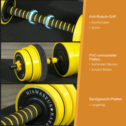 55 lbs Dumbbell & Barbell, Adjustable ergonomic 3-in-1 Dumbbell Set, 12 × Plates, 2 × Short Rods, 1 × Long Rod, Yellow+Black