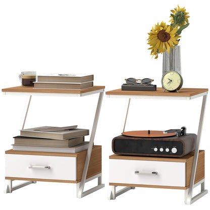 Set of 2 Side Tables for Living Room Z-Shaped End Tables with Drawer and Compartment Side Table for Living Room Bedroom 40x35x50 cm Natural Wood