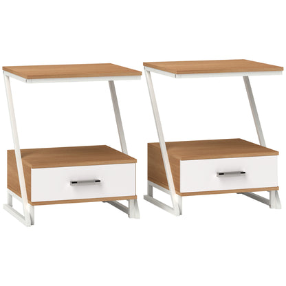 Set of 2 Side Tables for Living Room Z-Shaped End Tables with Drawer and Compartment Side Table for Living Room Bedroom 40x35x50 cm Natural Wood