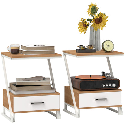 Set of 2 Side Tables for Living Room Z-Shaped End Tables with Drawer and Compartment Side Table for Living Room Bedroom 40x35x50 cm Natural Wood