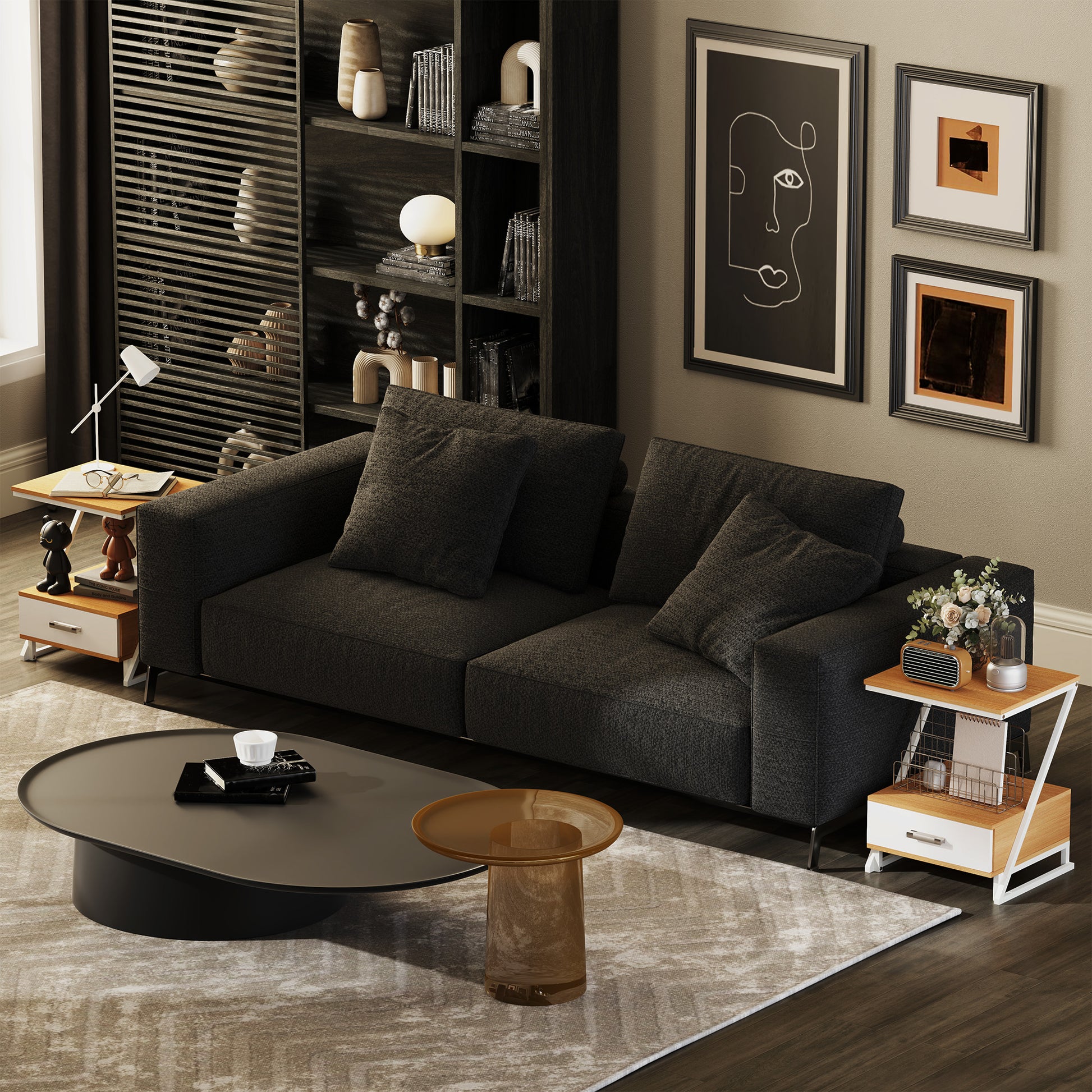Set of 2 Side Tables for Living Room Z-Shaped End Tables with Drawer and Compartment Side Table for Living Room Bedroom 40x35x50 cm Natural Wood