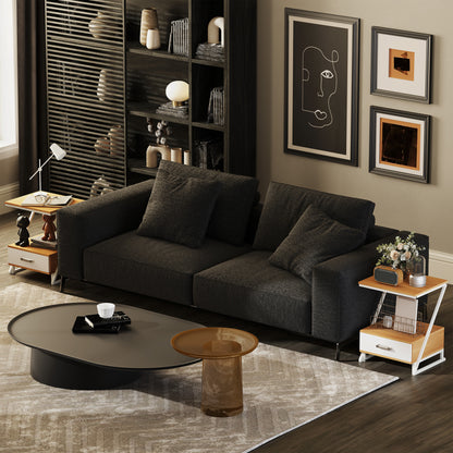 Set of 2 Side Tables for Living Room Z-Shaped End Tables with Drawer and Compartment Side Table for Living Room Bedroom 40x35x50 cm Natural Wood