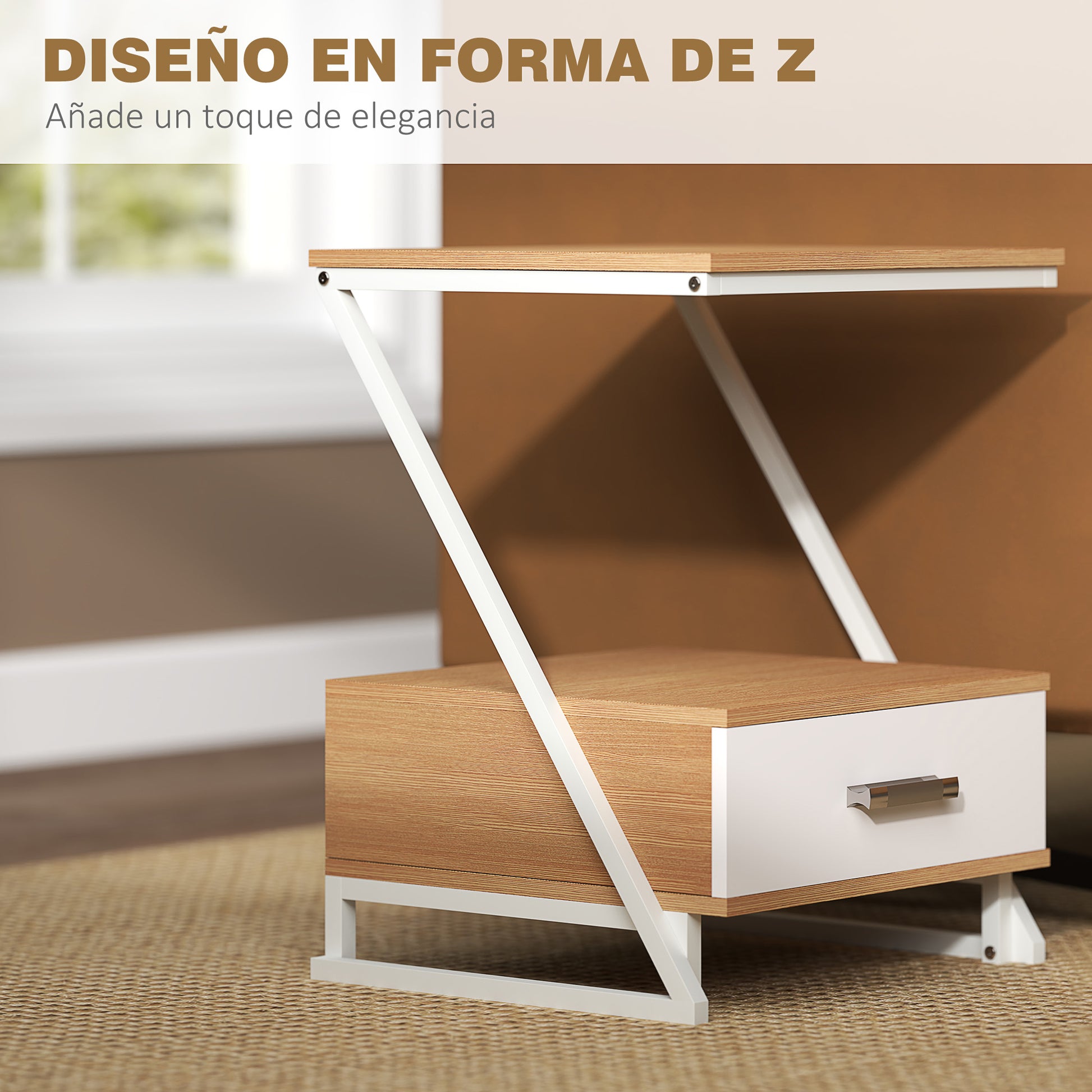 Set of 2 Side Tables for Living Room Z-Shaped End Tables with Drawer and Compartment Side Table for Living Room Bedroom 40x35x50 cm Natural Wood