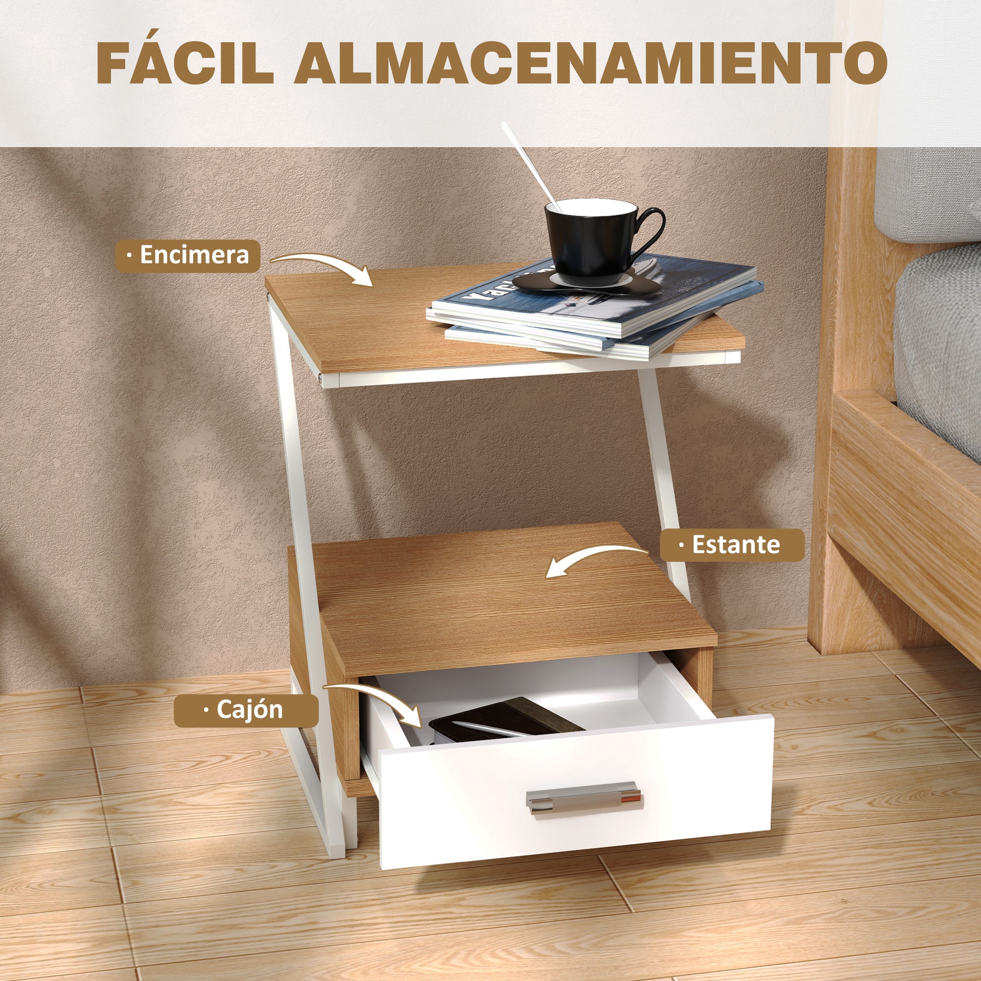 Set of 2 Side Tables for Living Room Z-Shaped End Tables with Drawer and Compartment Side Table for Living Room Bedroom 40x35x50 cm Natural Wood