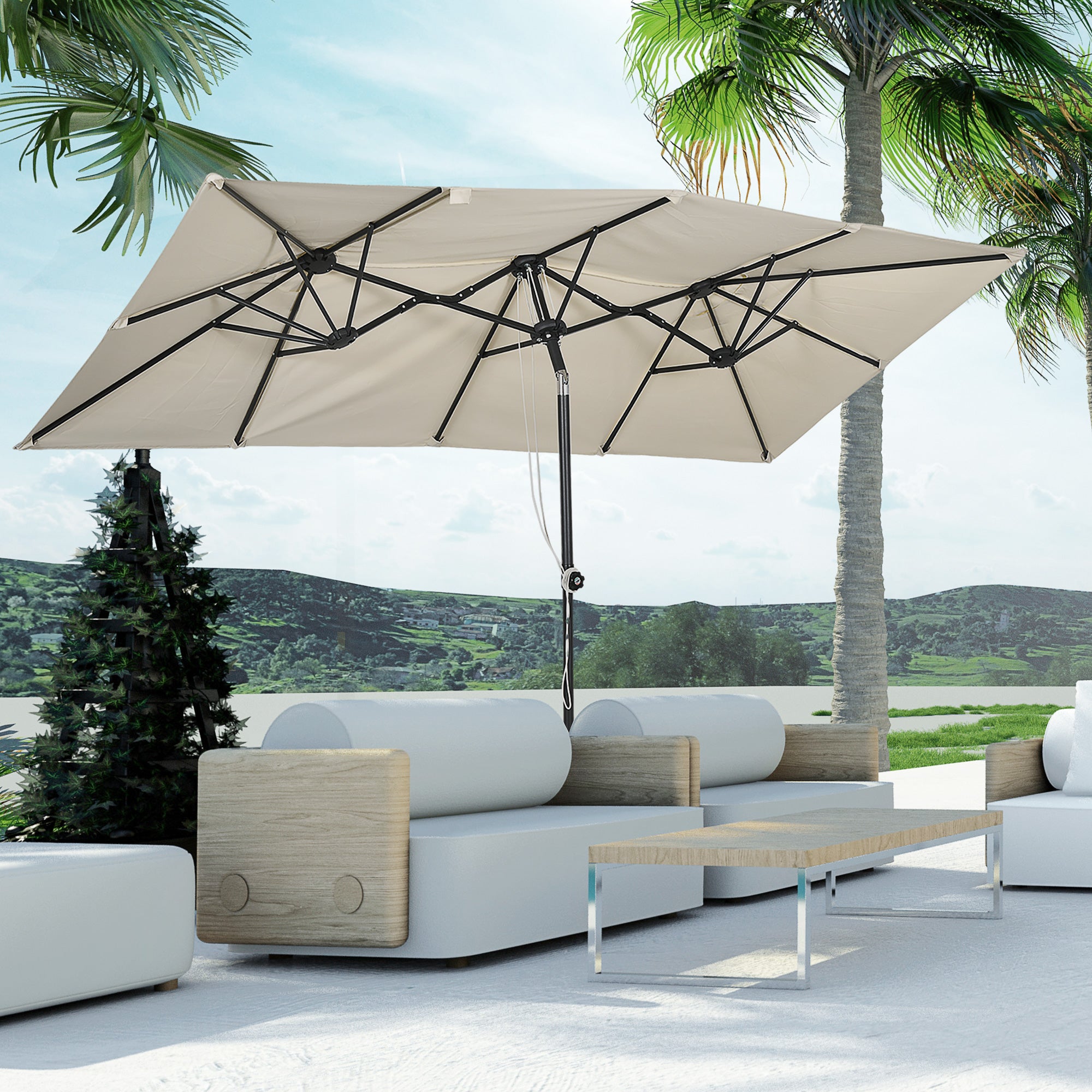 Double Tilt and Height Adjustable Garden Umbrella, Outdoor Umbrella with Cord and 12 Metal Ribs, 295x150x170-214 cm, Cream