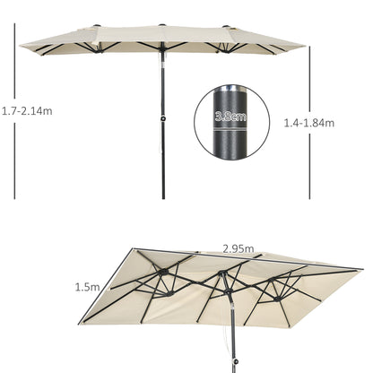 Double Tilt and Height Adjustable Garden Umbrella, Outdoor Umbrella with Cord and 12 Metal Ribs, 295x150x170-214 cm, Cream