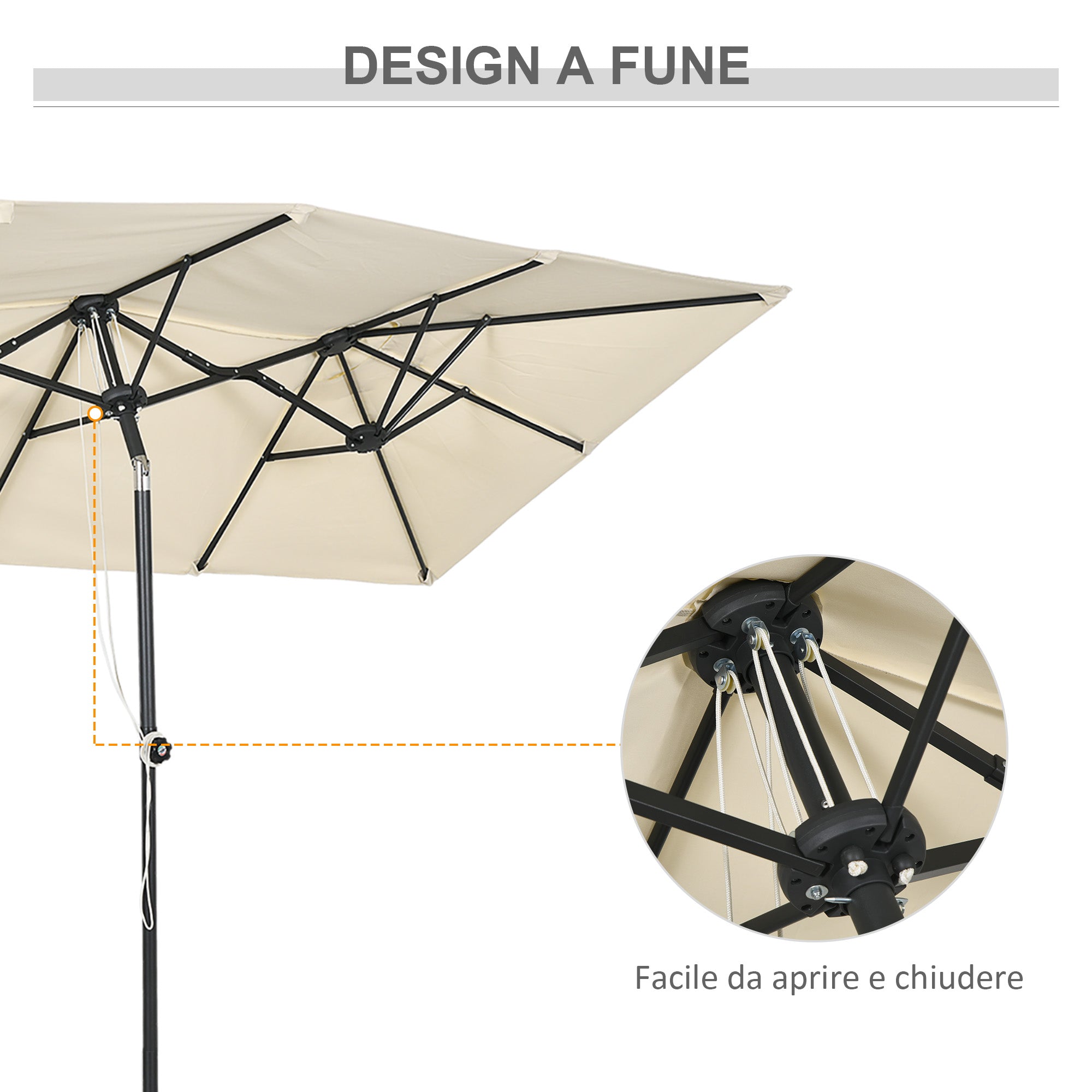 Double Tilt and Height Adjustable Garden Umbrella, Outdoor Umbrella with Cord and 12 Metal Ribs, 295x150x170-214 cm, Cream