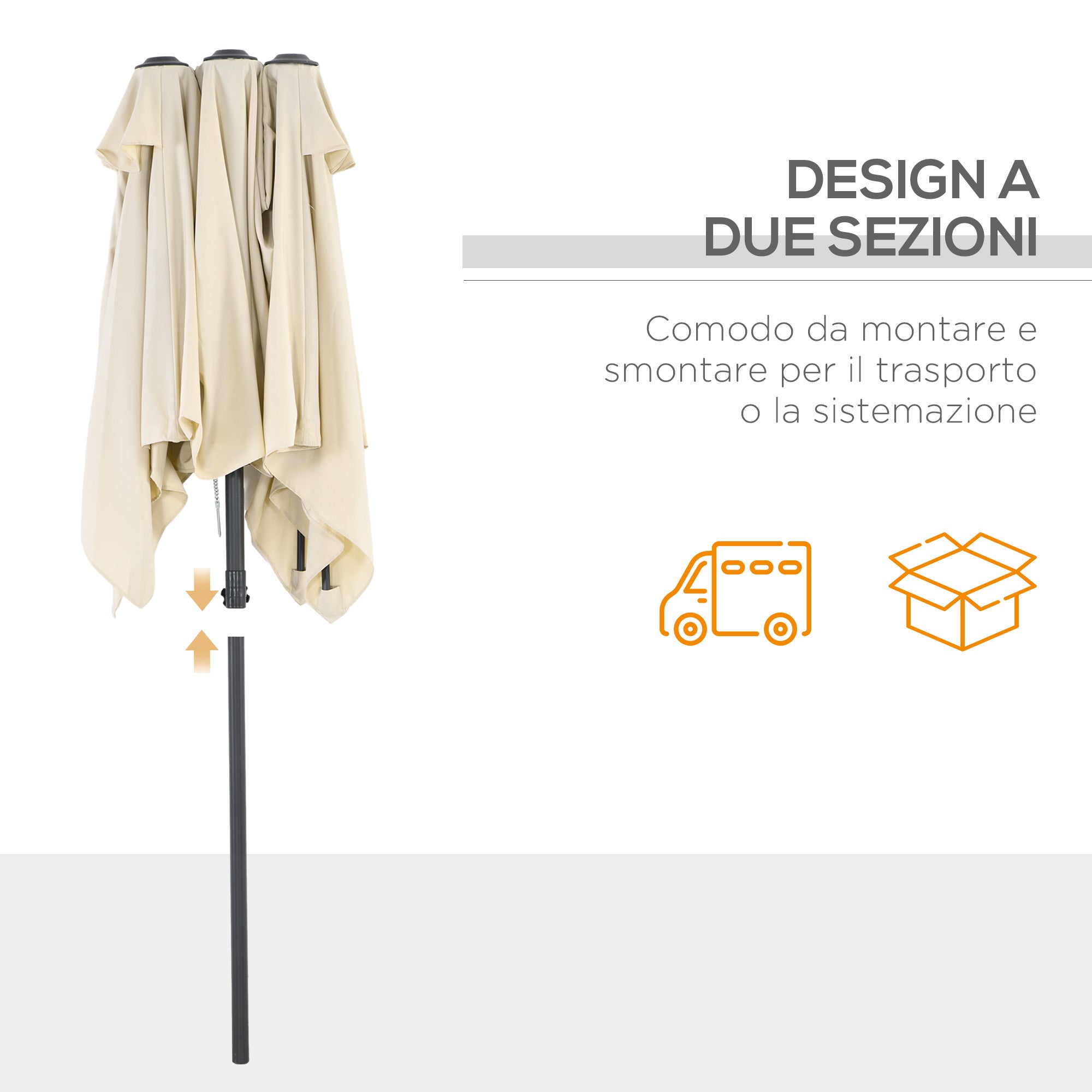 Double Tilt and Height Adjustable Garden Umbrella, Outdoor Umbrella with Cord and 12 Metal Ribs, 295x150x170-214 cm, Cream