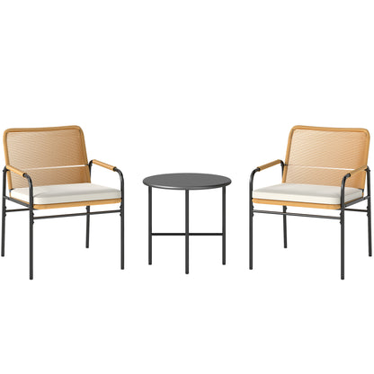 3-Piece Outdoor Garden Set with 2 Chairs with Removable Washable Cushions and Patio Table with Resistant Metal Top for Balcony Patio Natural and Cream