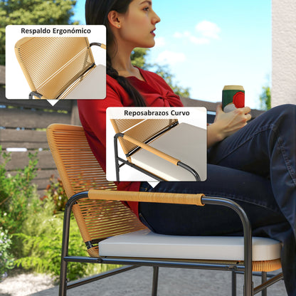 3-Piece Outdoor Garden Set with 2 Chairs with Removable Washable Cushions and Patio Table with Resistant Metal Top for Balcony Patio Natural and Cream