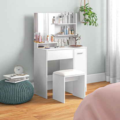Makeup Vanity with Stool Makeup Table with Mirror Open Shelves Drawer and Adjustable Shelf Anti-Tip for Bedroom Living Room 80x40x132 cm White
