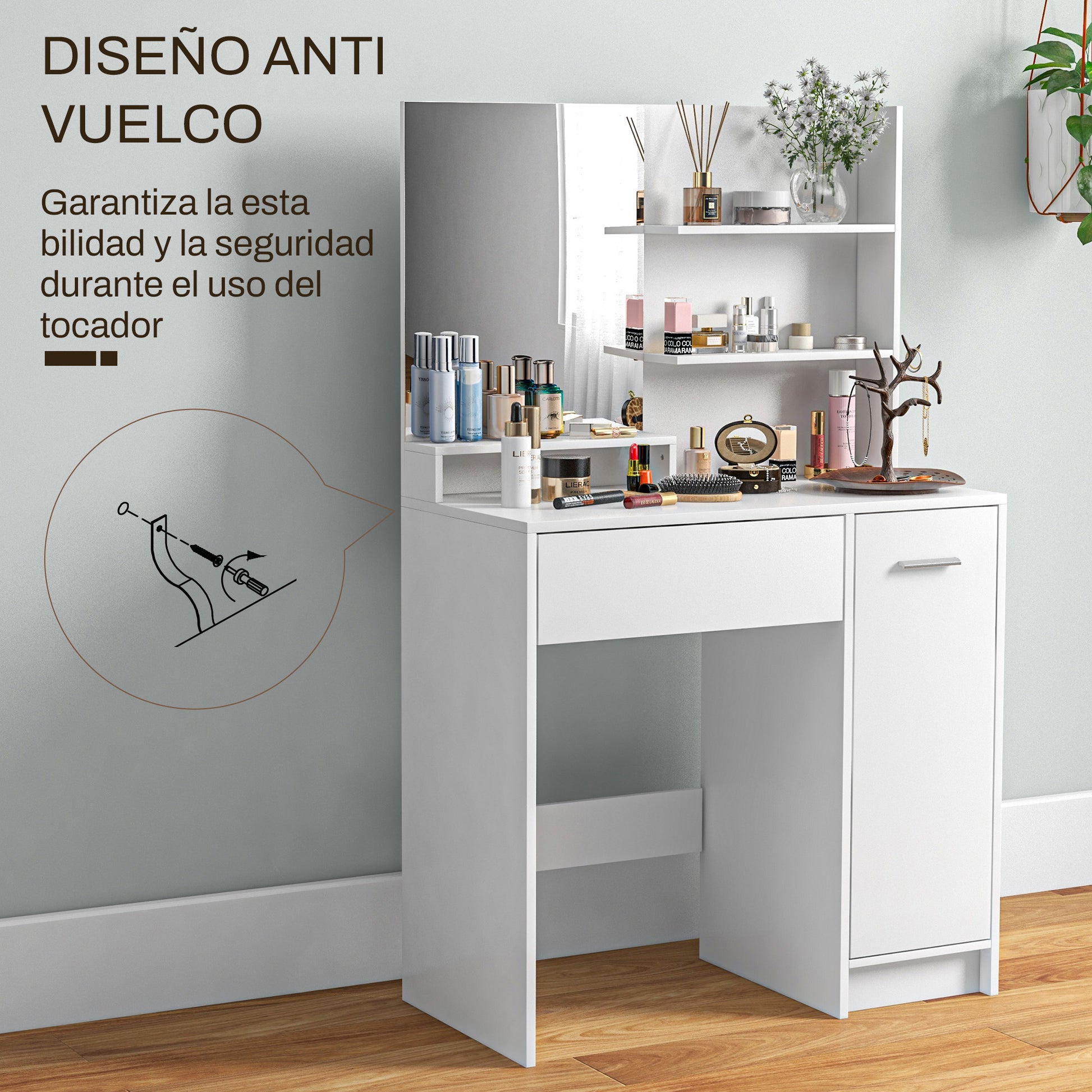 Makeup Vanity with Stool Makeup Table with Mirror Open Shelves Drawer and Adjustable Shelf Anti-Tip for Bedroom Living Room 80x40x132 cm White