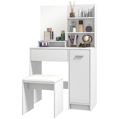 Makeup Vanity with Stool Makeup Table with Mirror Open Shelves Drawer and Adjustable Shelf Anti-Tip for Bedroom Living Room 80x40x132 cm White