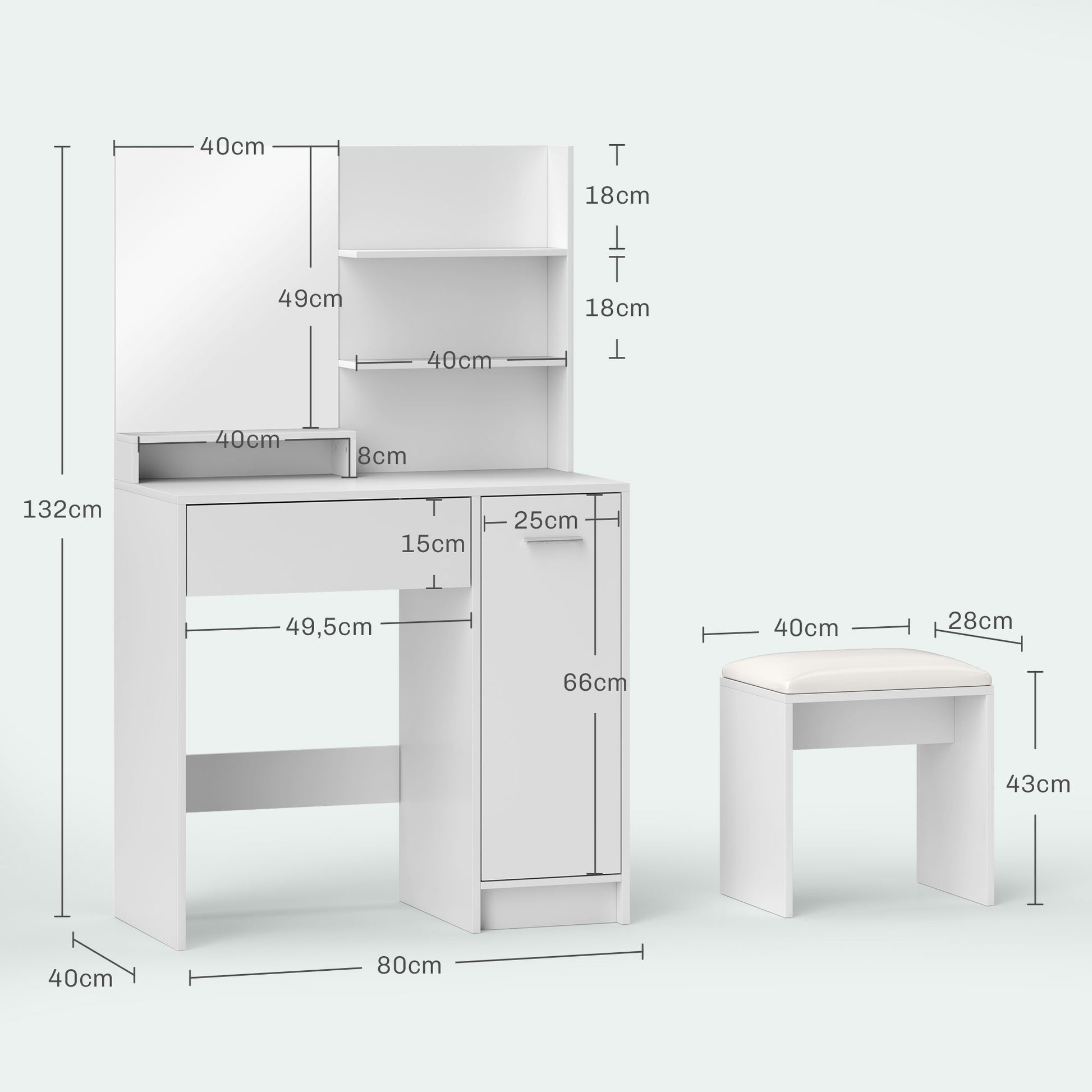 Makeup Vanity with Stool Makeup Table with Mirror Open Shelves Drawer and Adjustable Shelf Anti-Tip for Bedroom Living Room 80x40x132 cm White