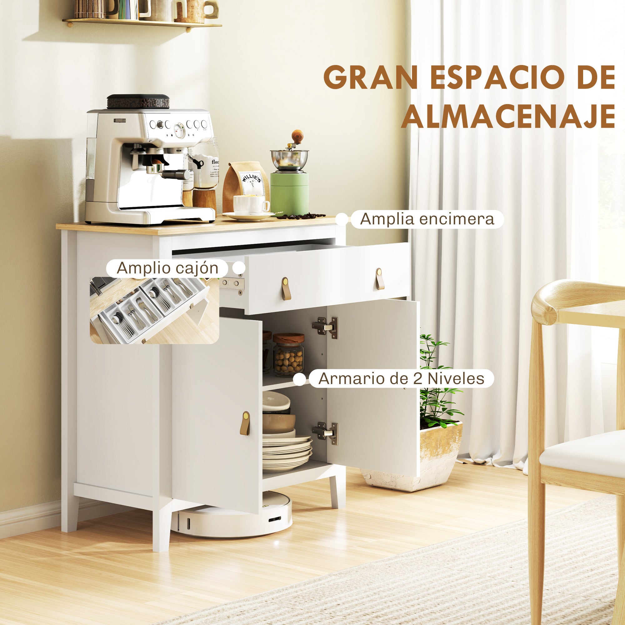 2-Door Sideboard Modern Living Room Sideboard with Drawer Adjustable Shelf and PU Handles Auxiliary Furniture for Dining Room Hallway 31.5x15.7x35.4 inches White and Oak
