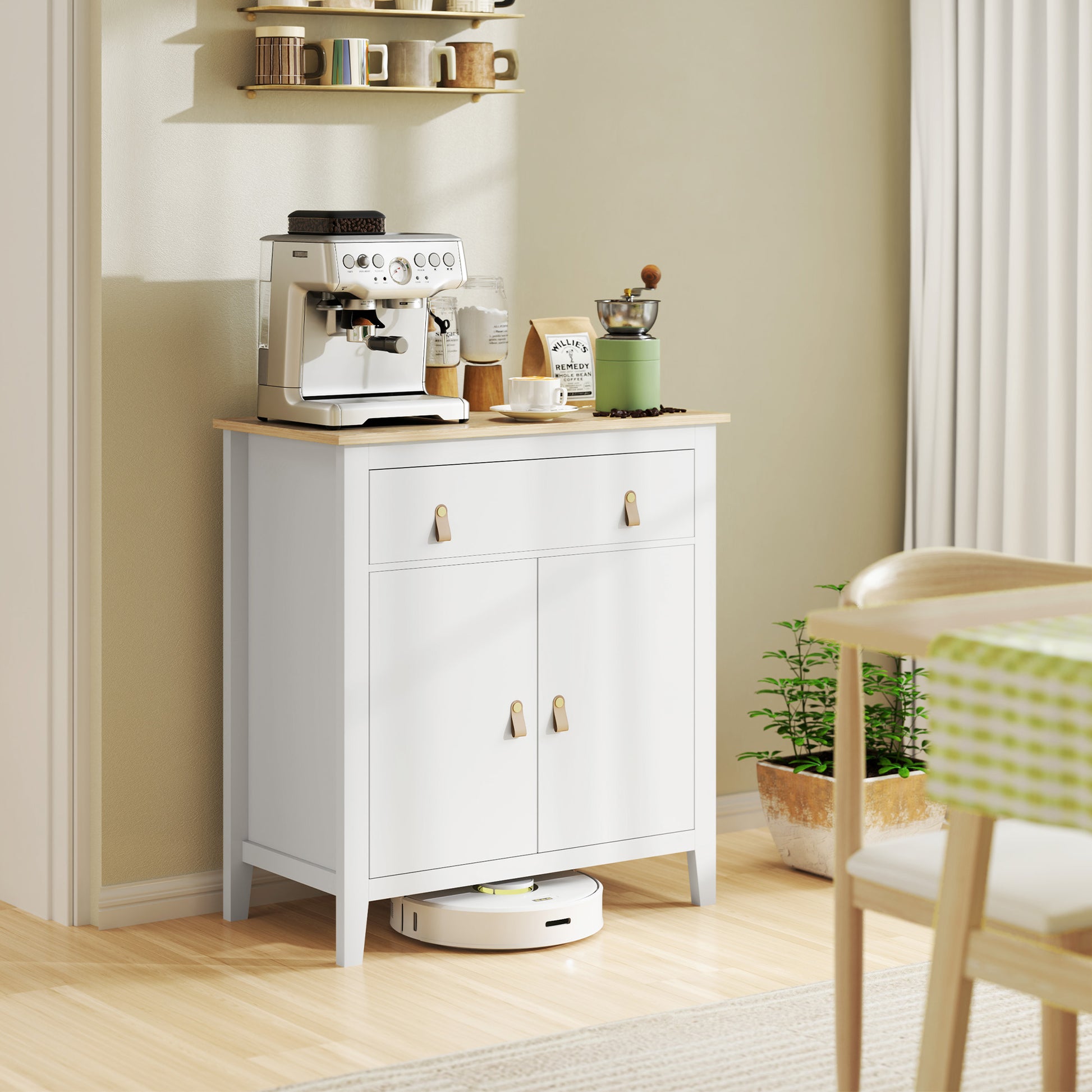 2-Door Sideboard Modern Living Room Sideboard with Drawer Adjustable Shelf and PU Handles Auxiliary Furniture for Dining Room Hallway 31.5x15.7x35.4 inches White and Oak